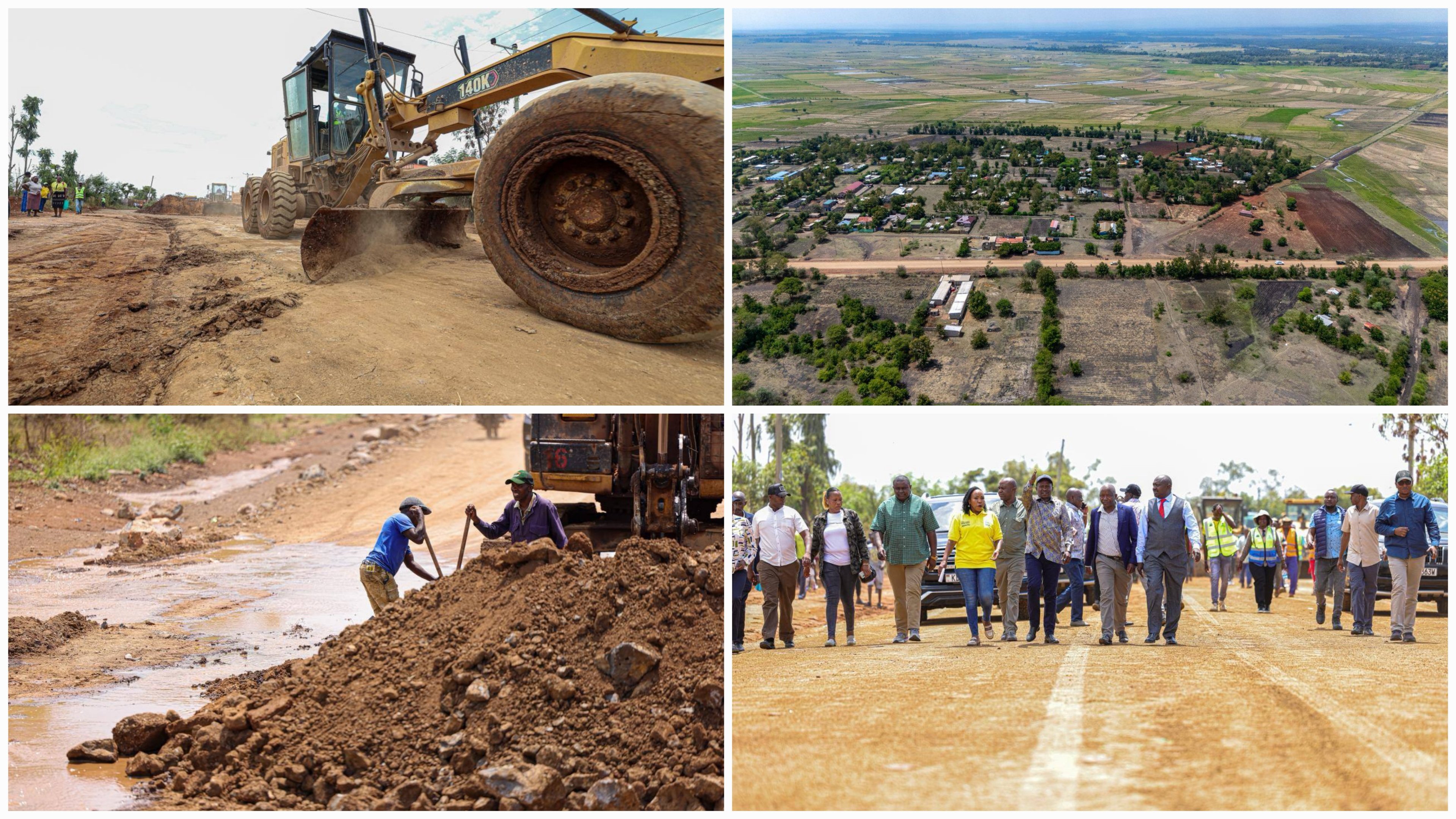 A heavy-duty yellow motor grader leveling a dirt road in Mwea, with a wide aerial view of the surrounding green agricultural landscape and a group of officials inspecting the site.