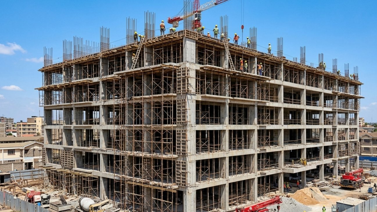 A multi-story concrete building under construction with exposed rebar and scaffolding against a clear sky.