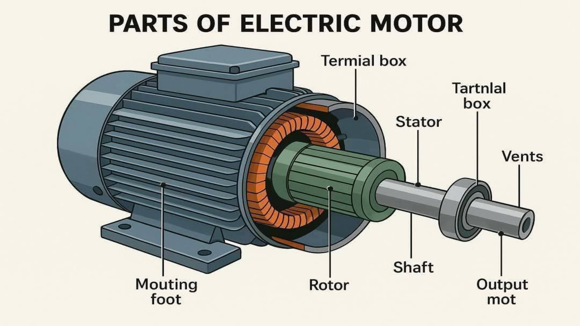A detailed technical diagram showing the internal components of an industrial electric motor including the rotor, stator, and shaft.