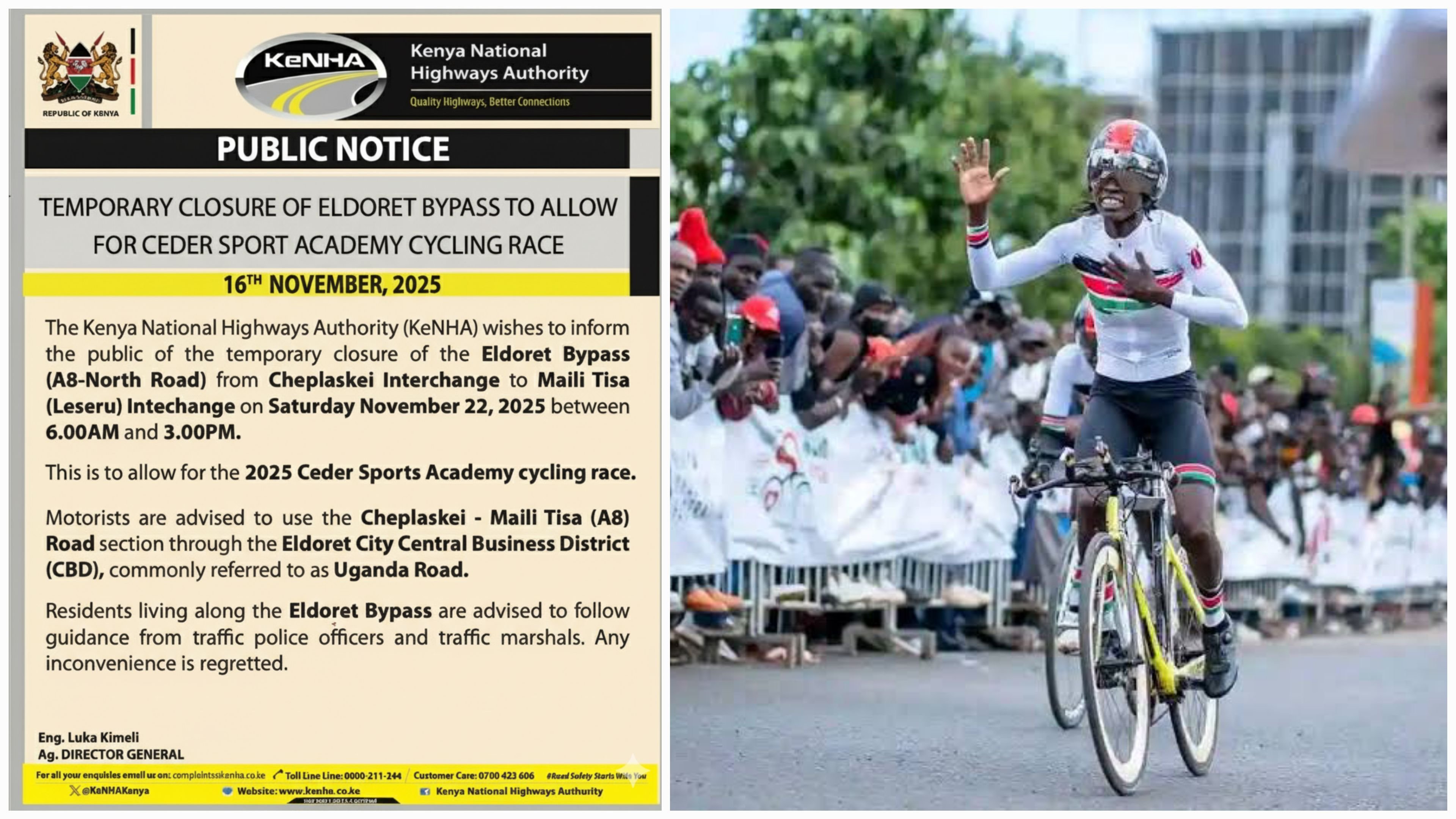 Official Kenya National Highways Authority (KeNHA) public notice detailing the temporary closure of the Eldoret Bypass (A8-North Road) for a cycling race on November 22, 2025