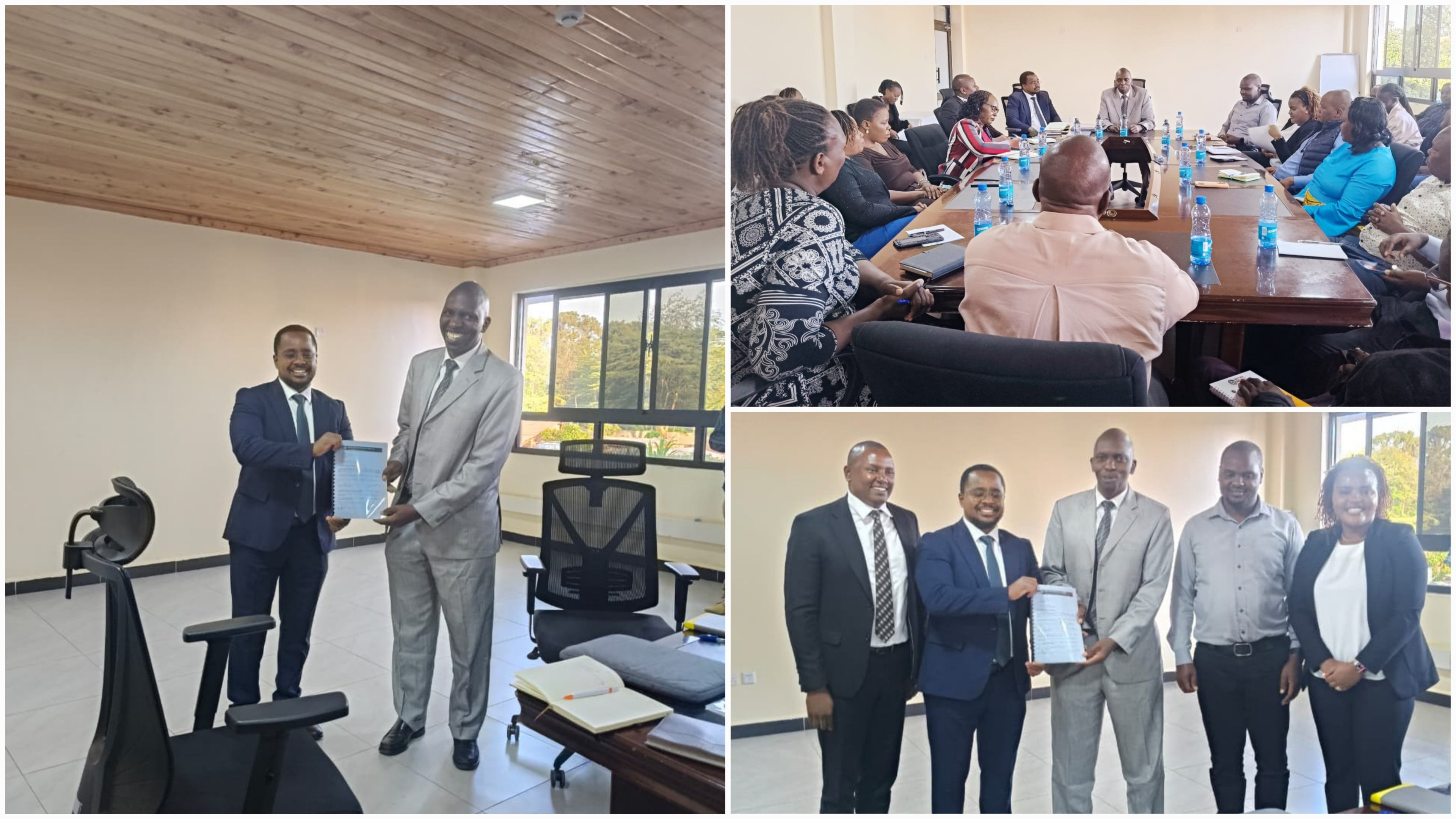 A group of five professionals in formal and semi-formal attire standing in an office setting for a handover ceremony. Two men in the center are holding a white document folder, signifying a transition of leadership at the KeNHA Nairobi regional office.