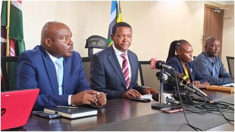 The Labor Ministry heads, PS Shadrack Mwadime  and CS Alfred Mutua, address the media on an earlier date.