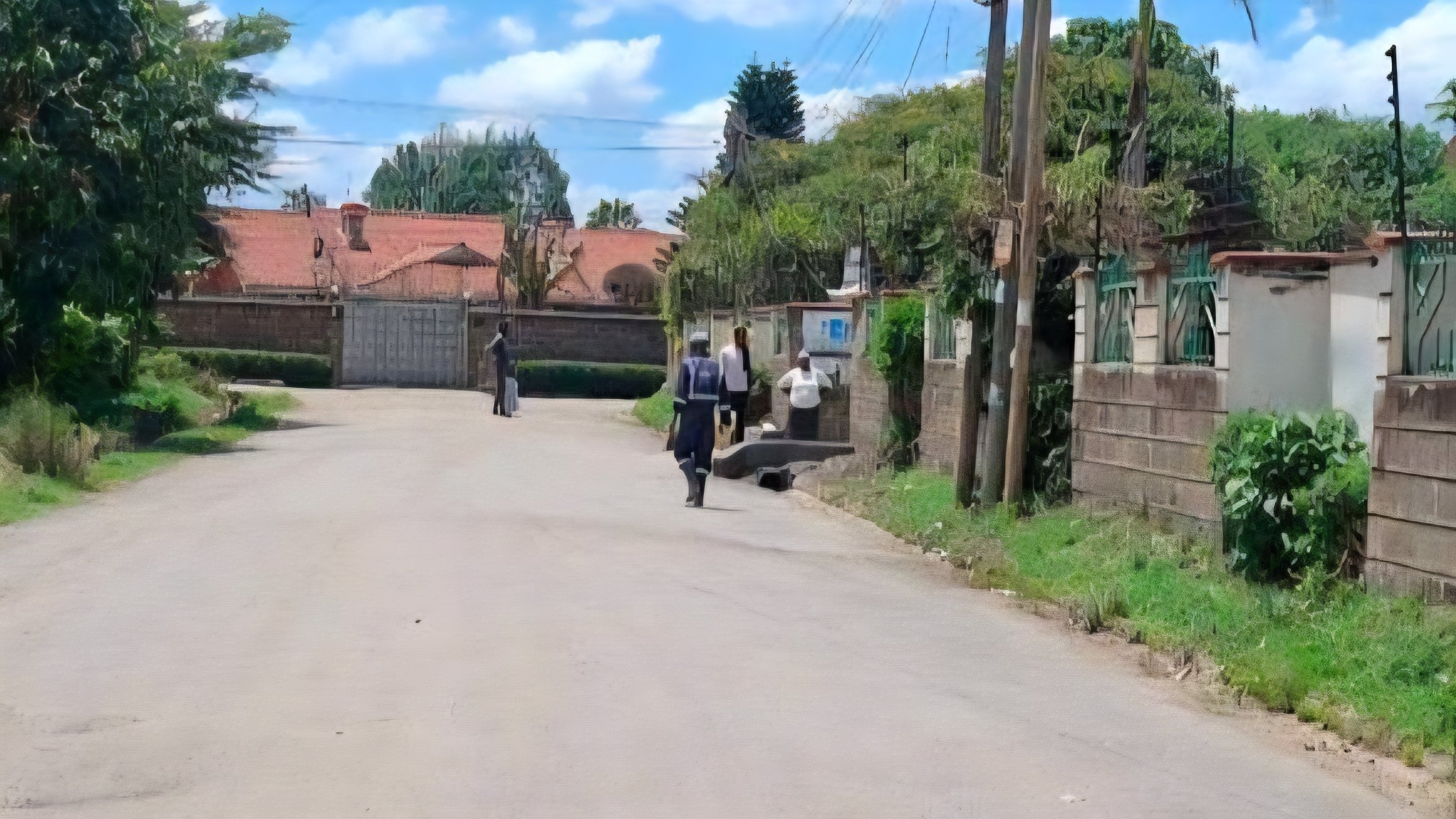 A paved road leading into a residential area in Mwariki B estate, Nakuru, showing perimeter walls and green vegetation.