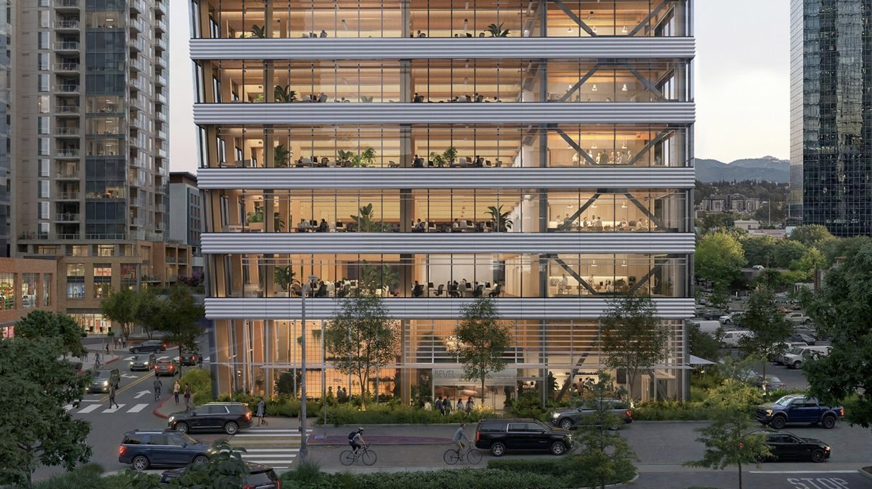 Rendering of the Bevel mass-timber office tower designed by Waugh Thistleton Architects and Mithun in Bellevue, Washington.