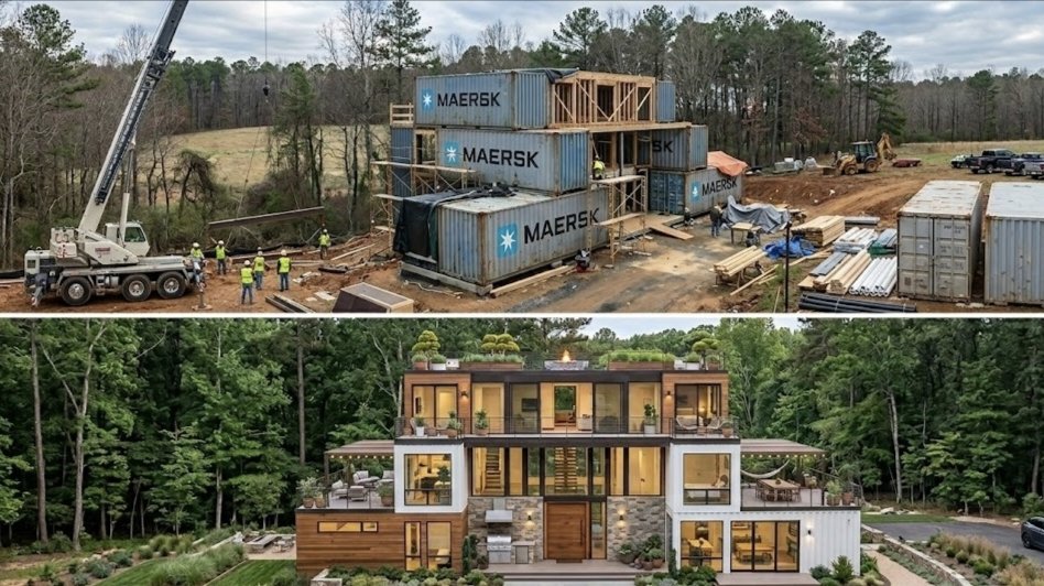 Stacked modular container units being assembled into a multi-level building structure at a construction site.