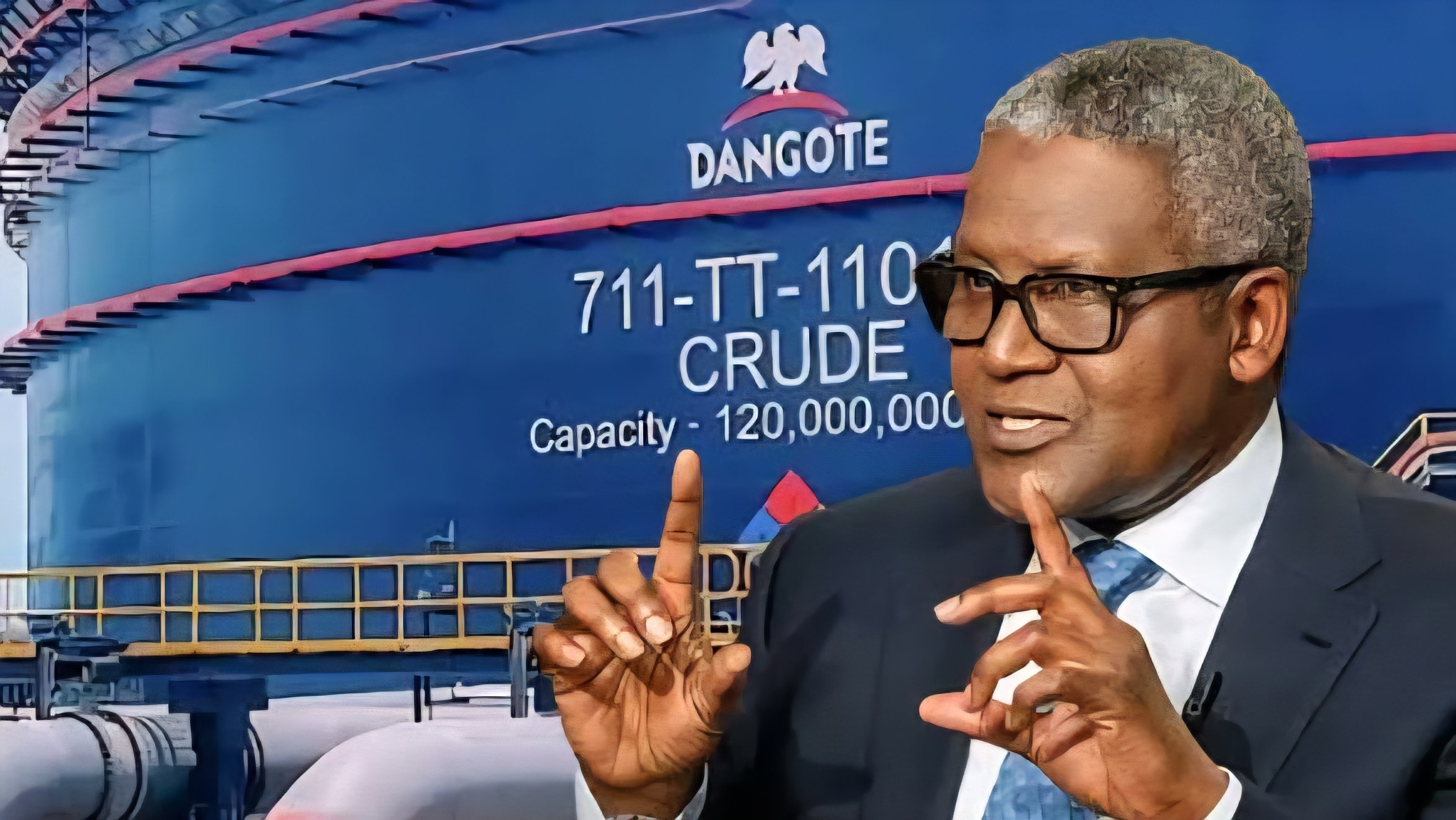 Close-up of Aliko Dangote speaking in front of a blue industrial crude oil storage tank with Dangote branding, as shown in file 229626.png.