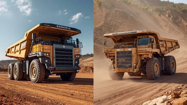 A heavy truck operating at a construction site for a new road in a rural Kenyan mining district.