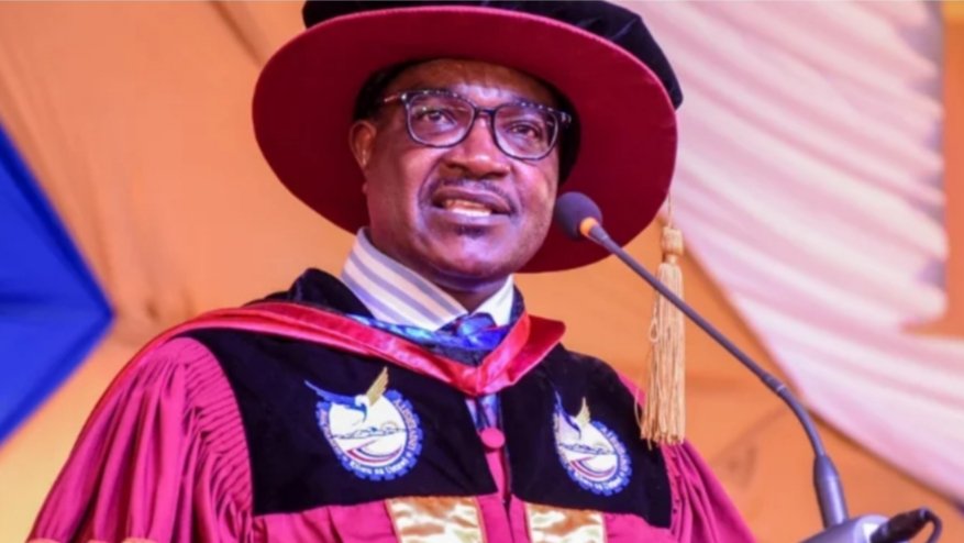 Education Cabinet Secretary Julius Ogamba speaking at a university graduation ceremony