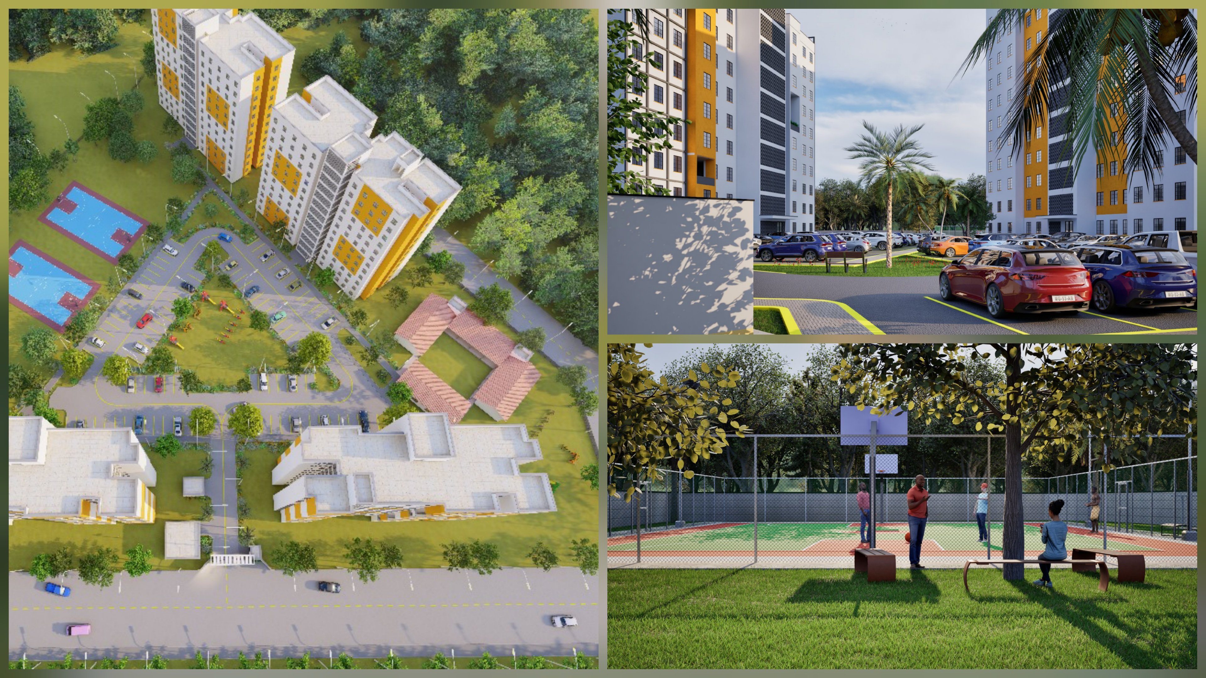 Aerial and eye-level architectural renderings of the Voi Pool Estate housing project in Taita Taveta, showing white and yellow apartment blocks, sports courts, and parking areas.