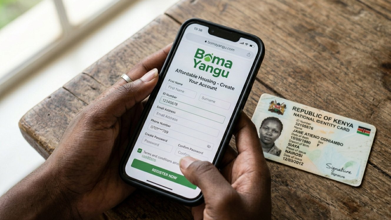 Close-up of a digital smartphone screen displaying the Boma Yangu portal registration page with a Kenyan National ID card resting on a wooden table nearby.