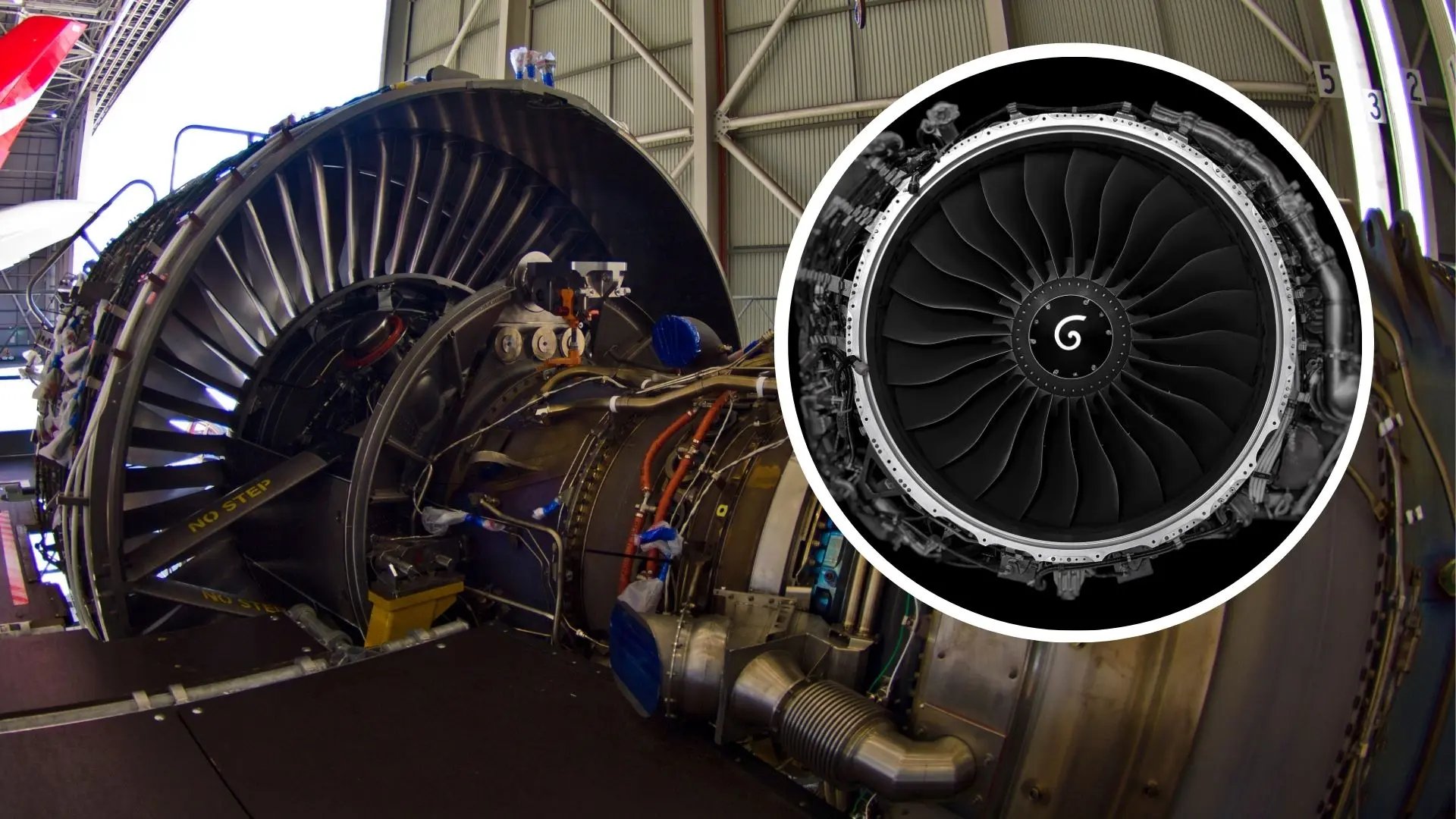 A close-up view of the GE Aerospace GEnx-1B aircraft engine hardware located inside an industrial aviation maintenance facility.