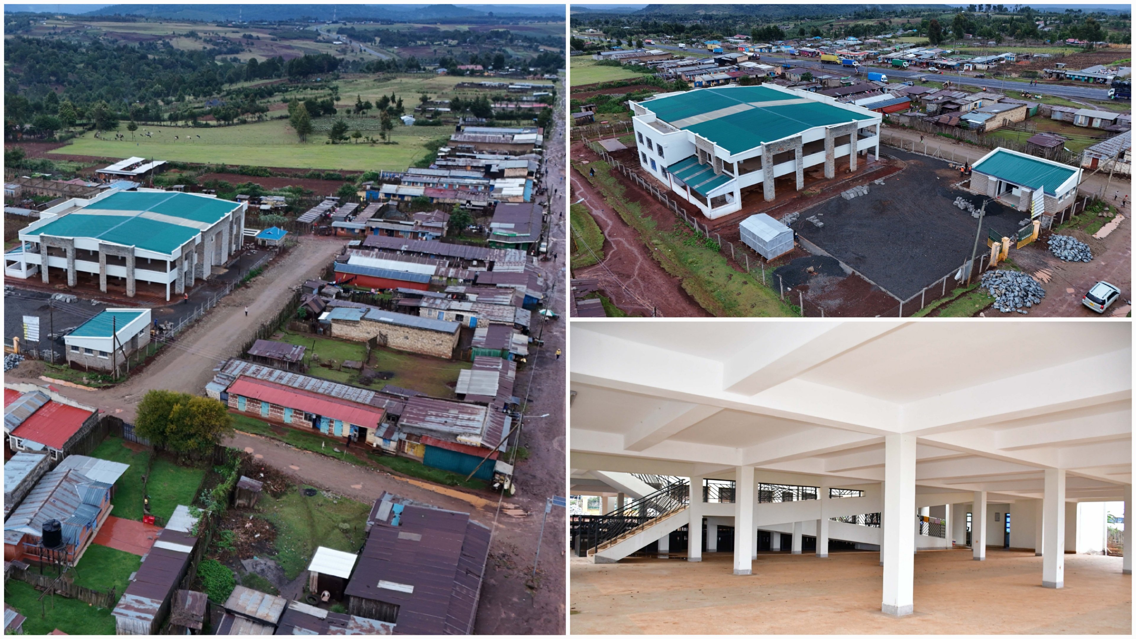 An aerial and ground-level view of the newly completed Matharu ESP Market in Kesses, showing the main building, elevated water storage tank, and interior trading floor.