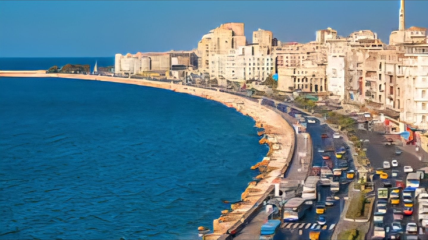 Coastal view of the Mediterranean shoreline and urban buildings in Alexandria, Egypt.