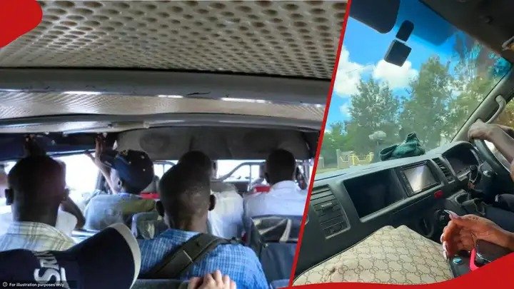 Interior view of a Kenyan matatu showing passengers seated and a split-screen view of the dashboard during a low-speed incident on a highway.