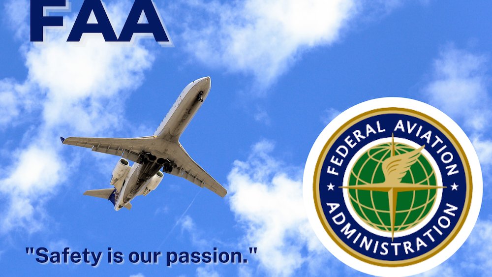 A commercial passenger jet ascending through a blue sky with white clouds, featuring the FAA acronym and the official Federal Aviation Administration seal with the text Safety is our passion.