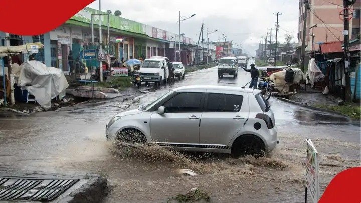 Flooded road during heavy rainfall