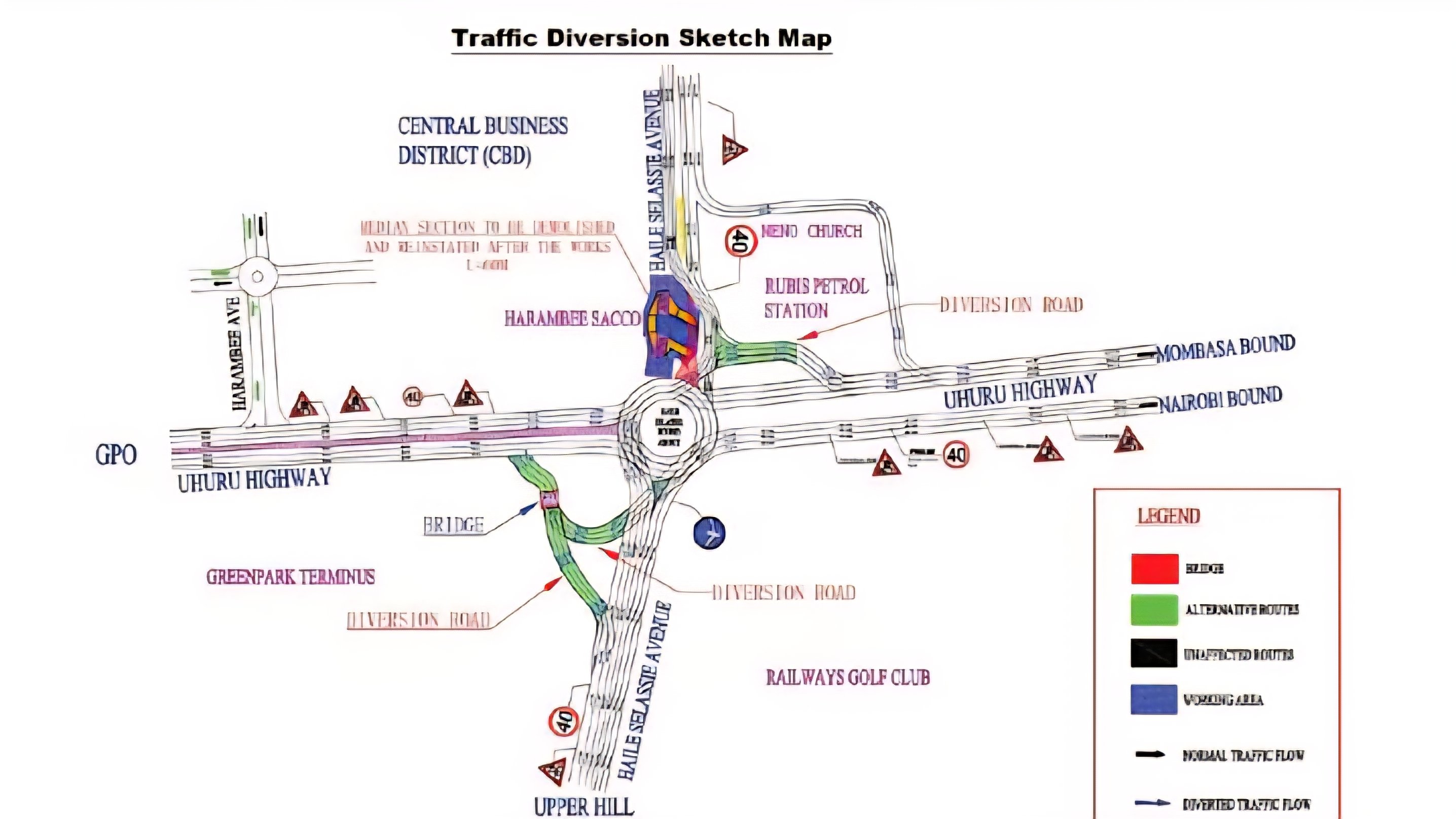 A traffic diversion sketch map for the Uhuru Highway and Haile Selassie Avenue roundabout intersection showing color-coded working areas, alternative routes, and diverted traffic flow.