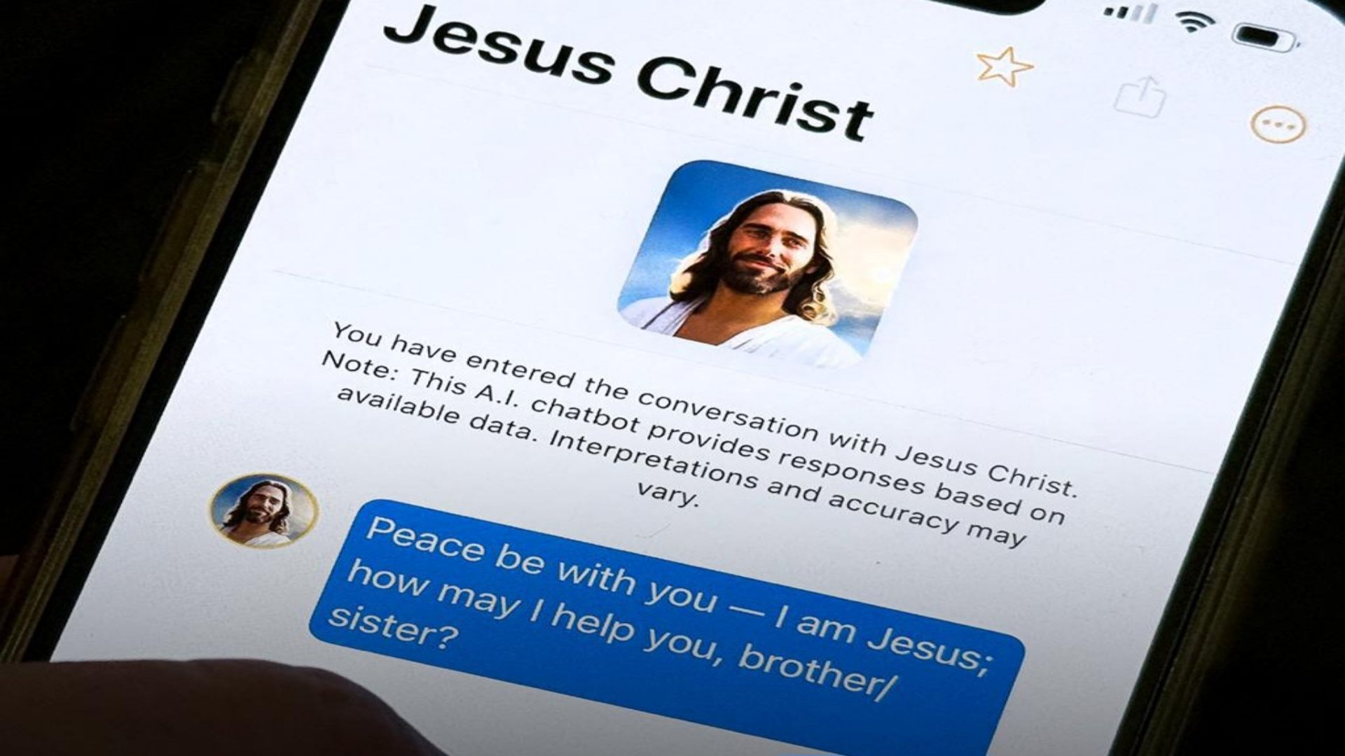 A smartphone screen displaying an artificial intelligence chatbot application called Text with Jesus with a simulated conversational prompt.