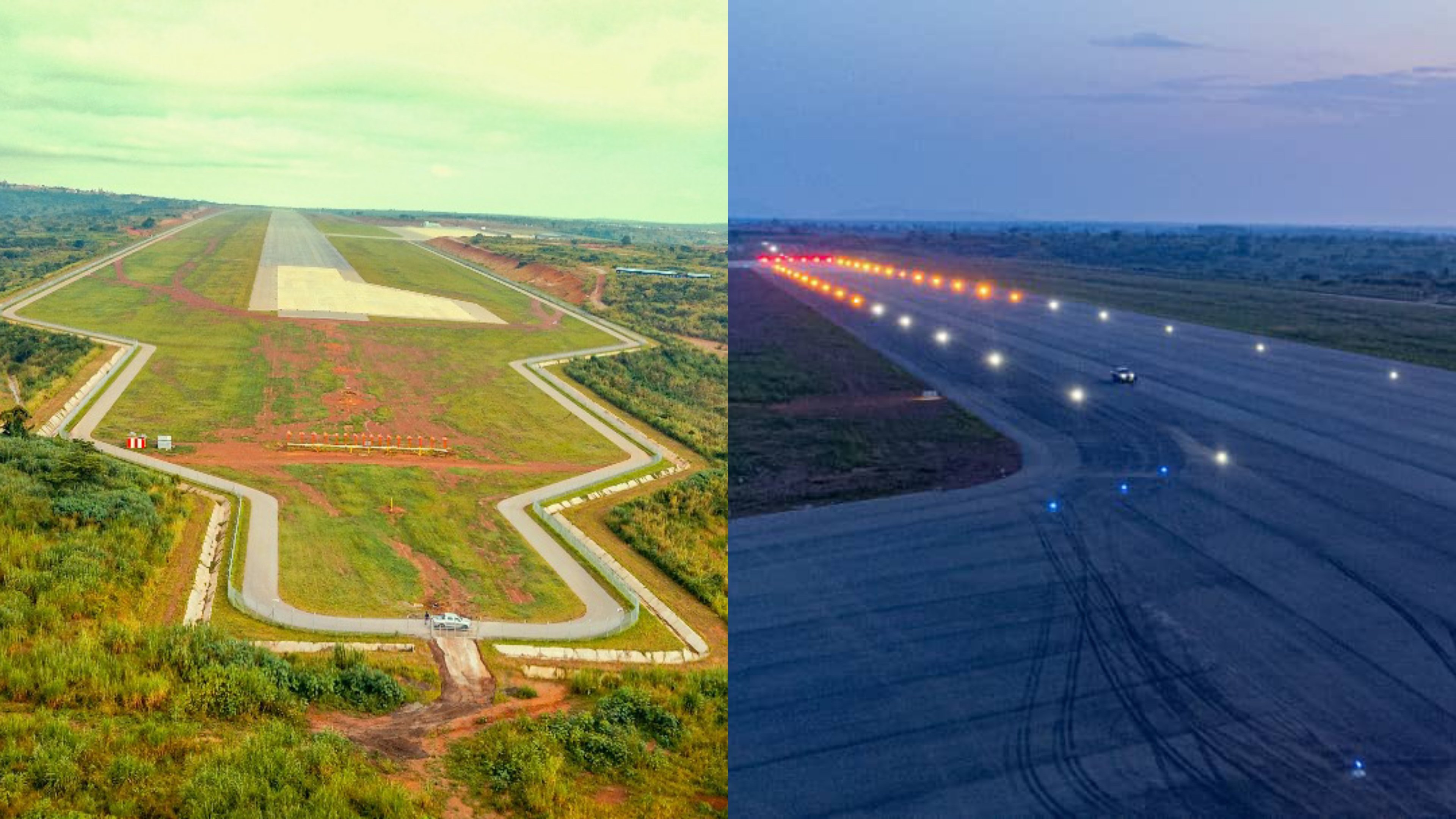 Aerial view of the completed runway and taxiway lighting system at Kabalega International Airport in Hoima District, Uganda.