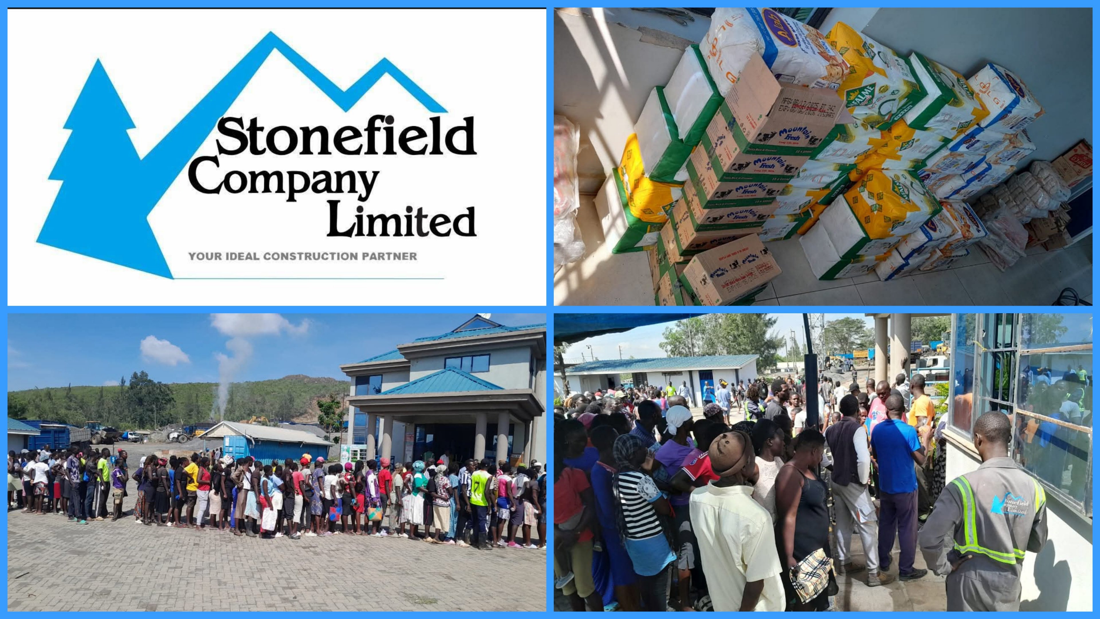 A group of residents receiving food hampers containing flour and cooking oil from staff members at a quarry site.