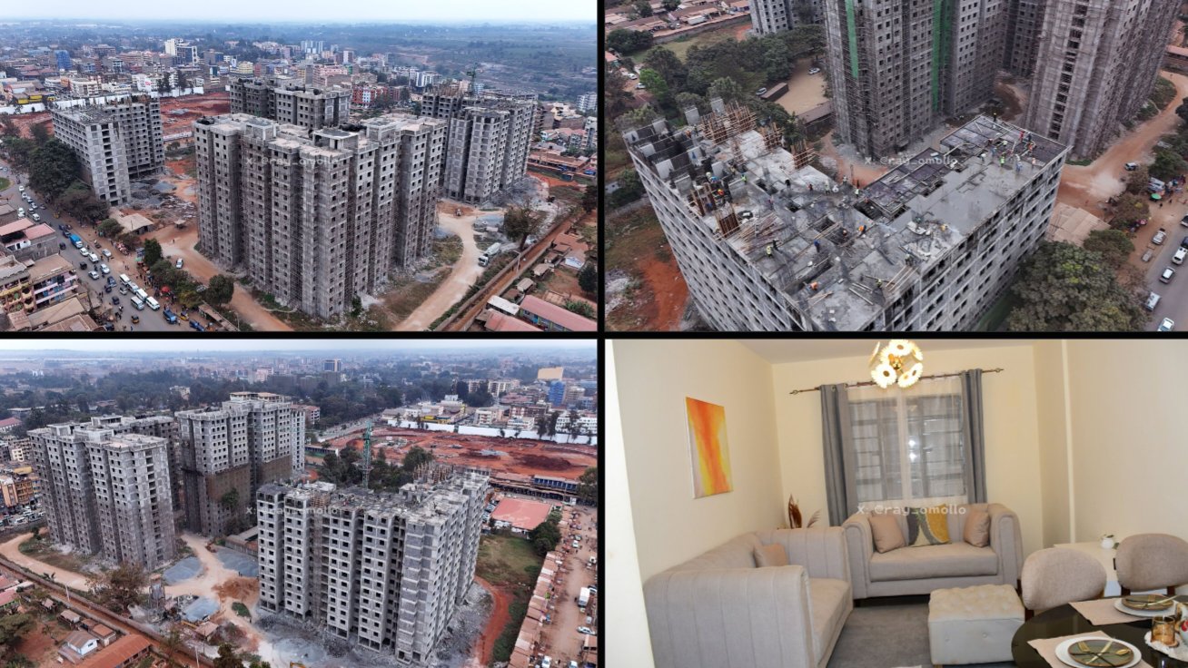 Aerial construction view of the Kings Orchid Affordable Housing Project high-rise blocks in Thika Town.