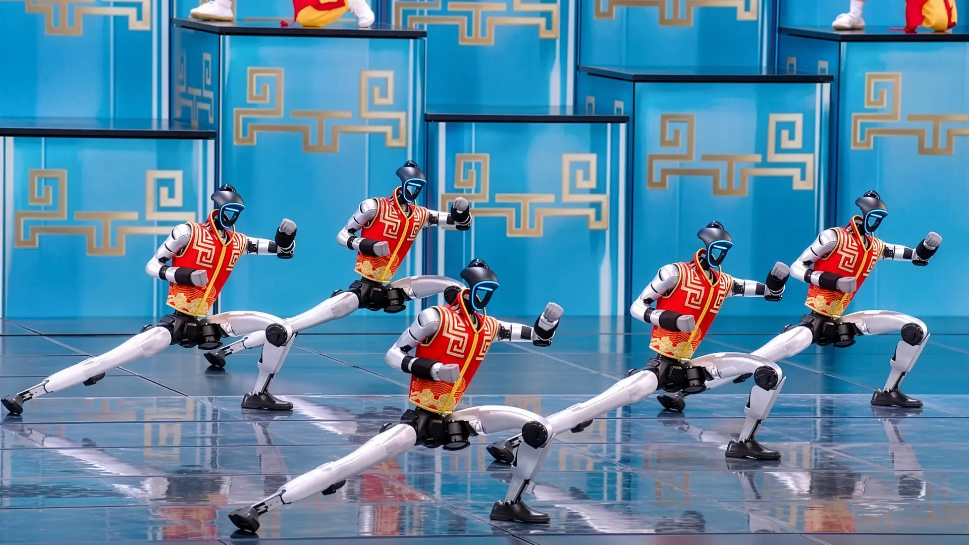 Row of humanoid bipedal robots performing synchronized poses during an industrial robotics technology demonstration.