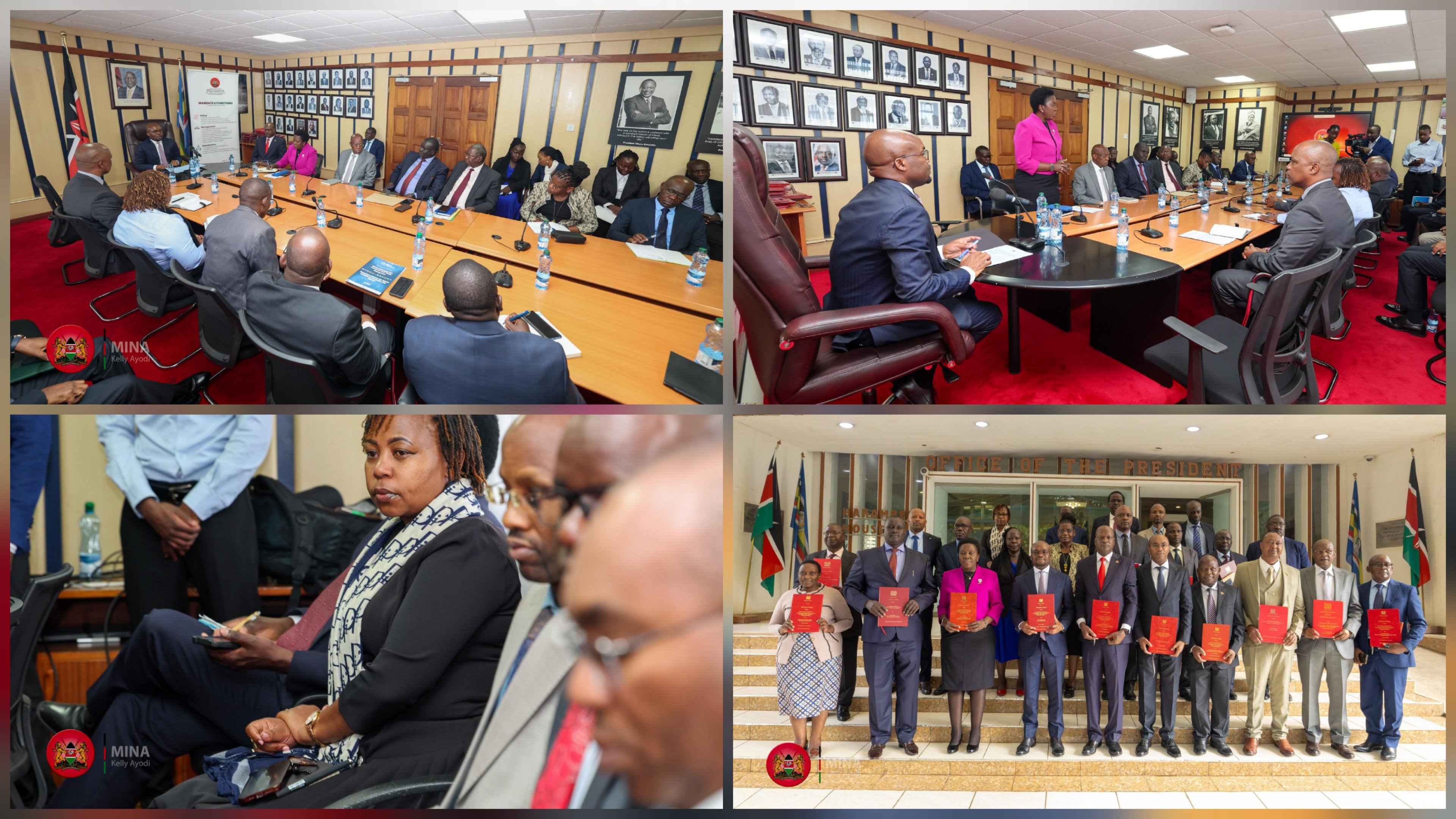 Interior PS Raymond Omollo and senior officials standing on steps holding red performance contract folders following a signing ceremony.