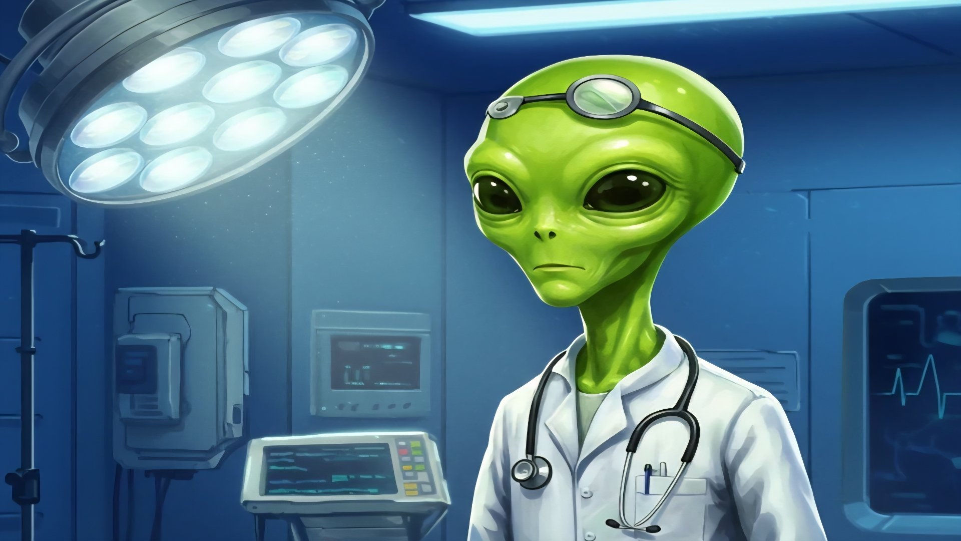 A digital illustration of a humanoid robot wearing a white medical lab coat and a stethoscope, standing in a brightly lit hospital corridor.
