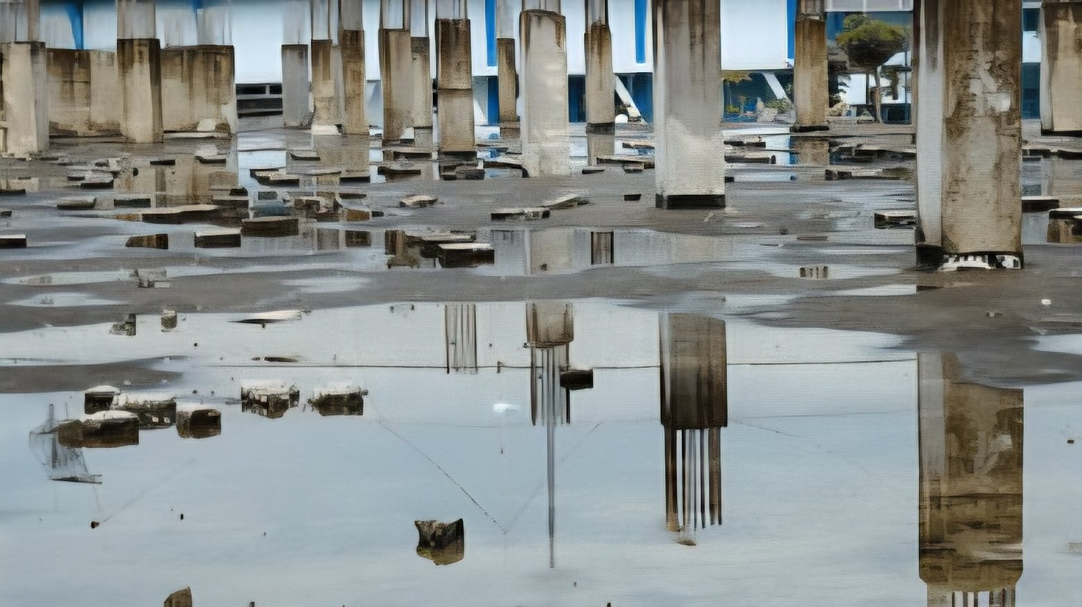 A construction site showing a flooded foundation pit with concrete columns and vertical steel reinforcement bars emerging from murky, stagnant water during the rainy season.