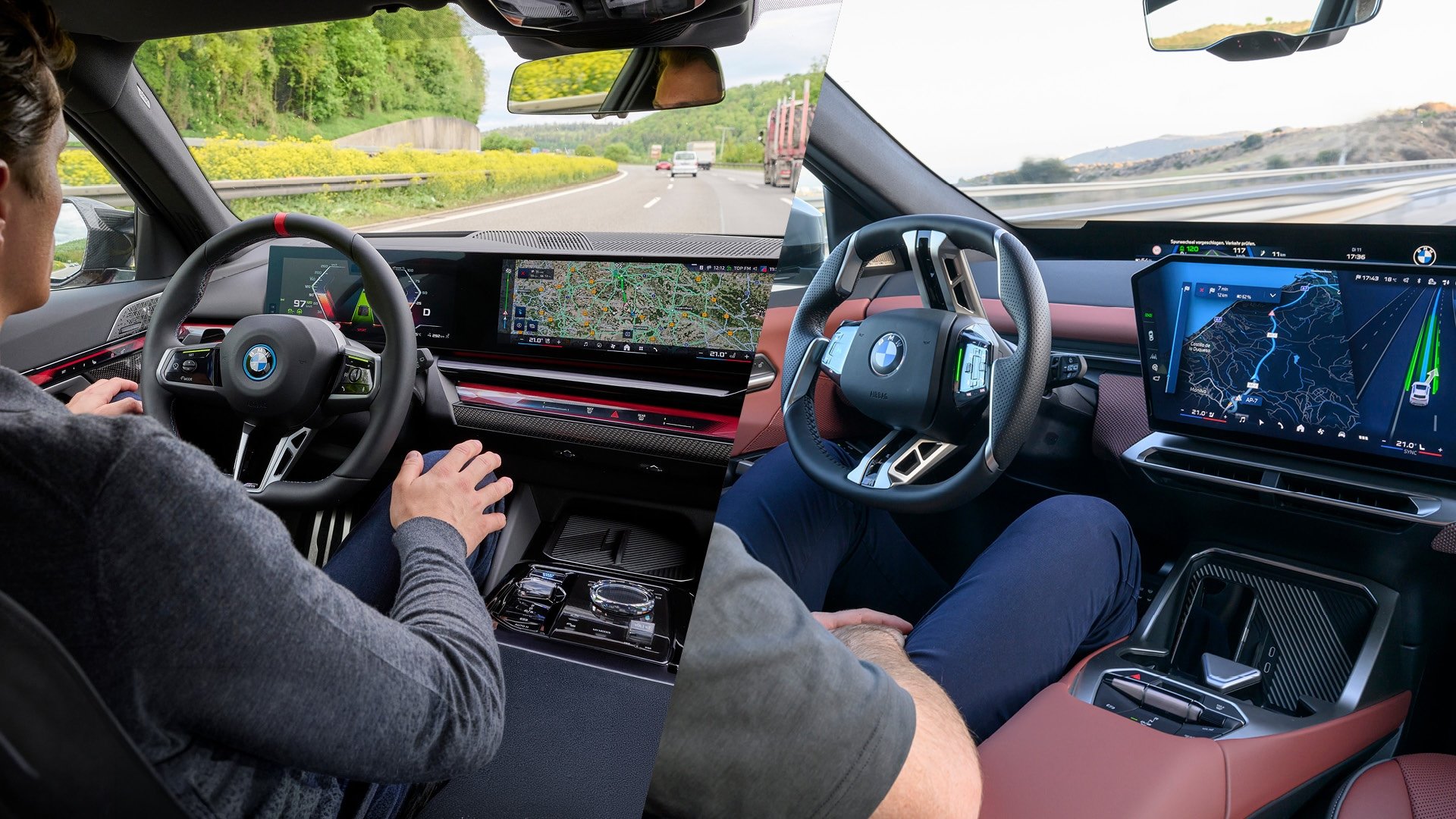 A split-screen view comparing the interior cabin and dashboard setups of a 2023 BMW 5 Series on the left and a 2025 BMW iX3 on the right, displaying the automated hands-free Highway Assistant system active on open highways.