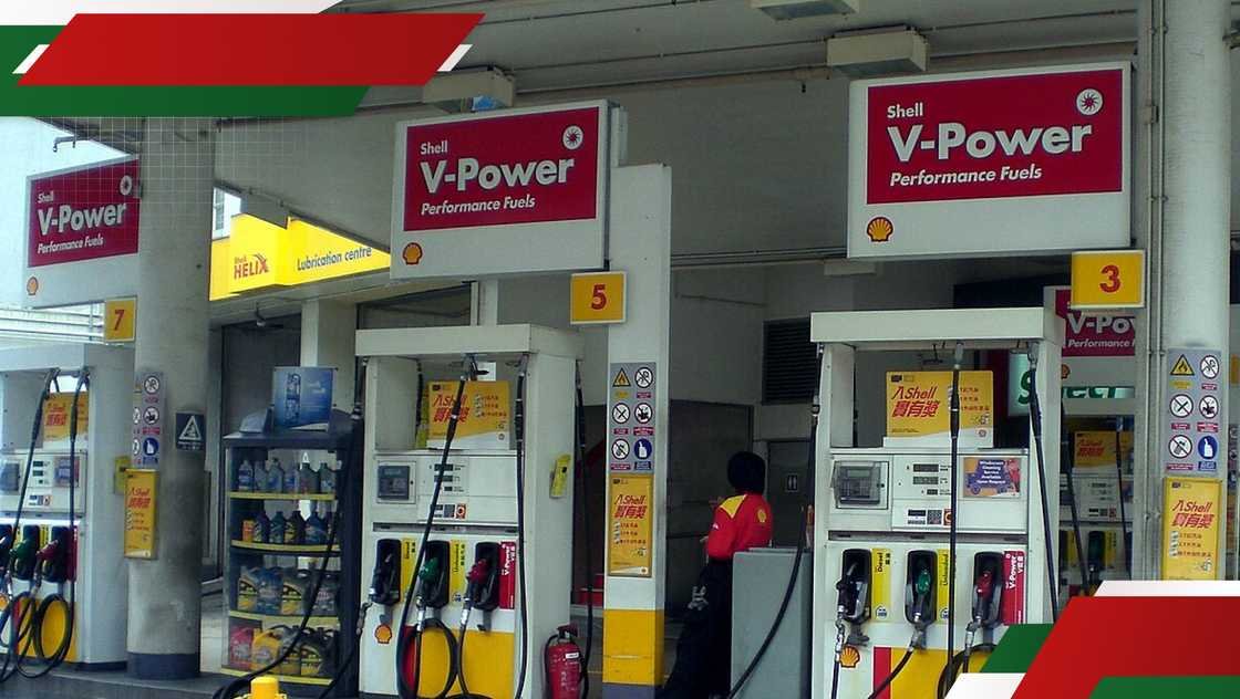 A shell petrol station in Kenya with Shell and V-Power branding visible under the station canopy.