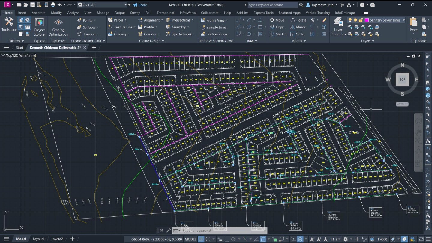 A top-down computer screenshot of a complex civil infrastructure layout and stormwater pipe network layout inside a CAD software interface.
