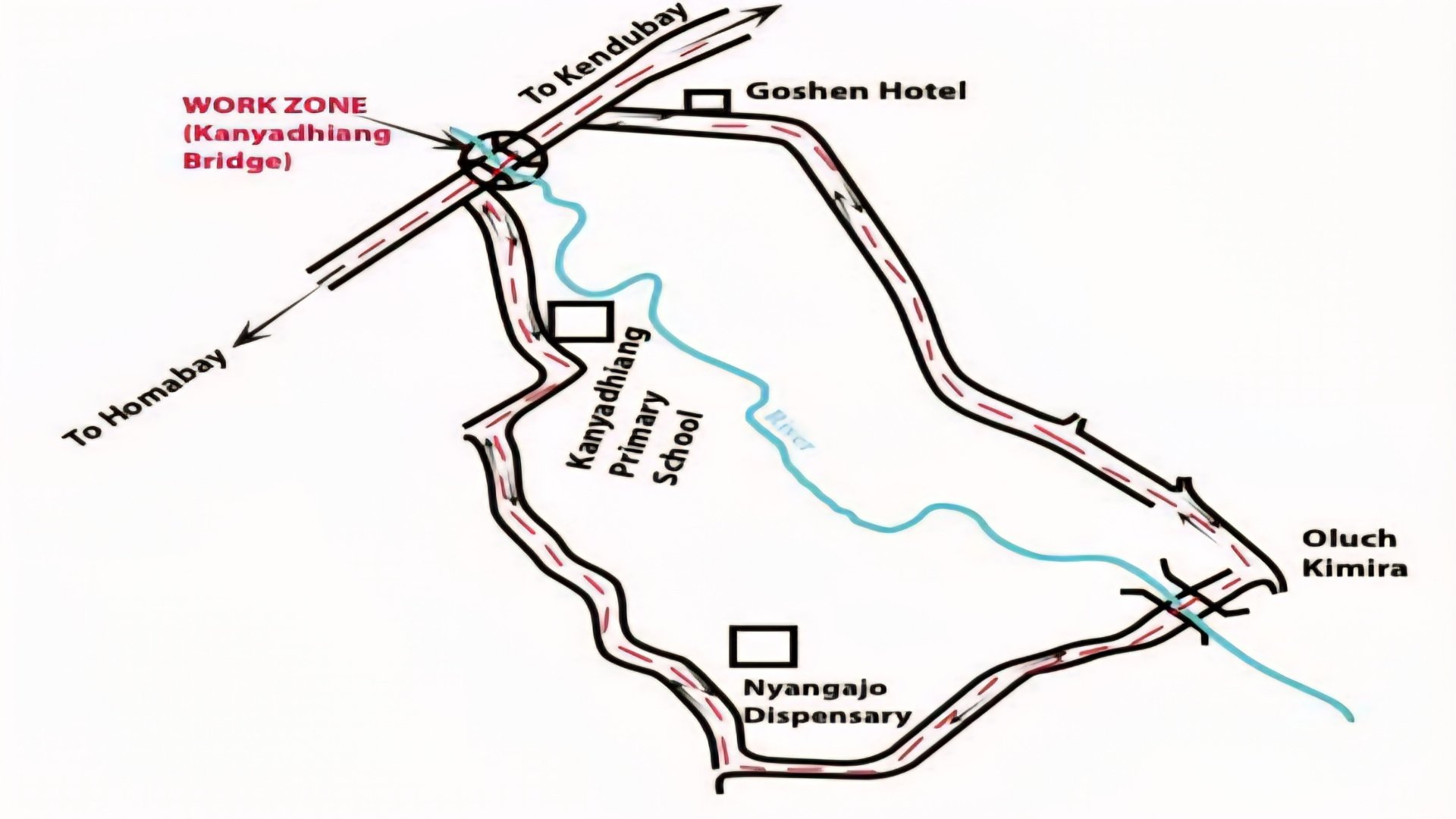 A technical map showing the diversion route for the Kanyadhiang Bridge closure on the Kendubay-Homabay (B2) Road.