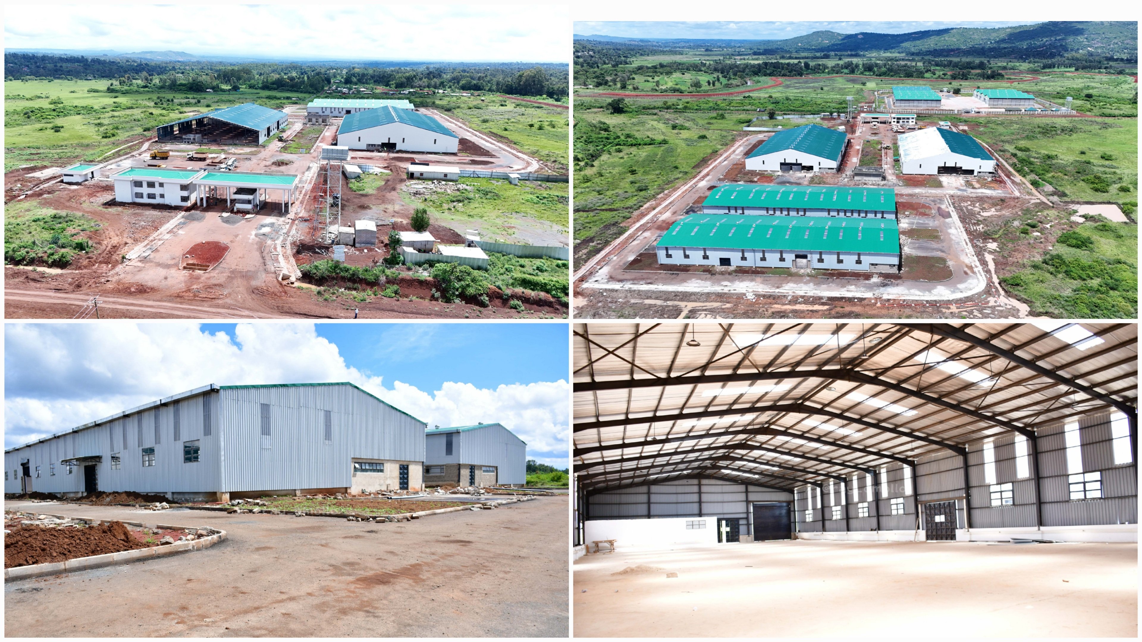 Aerial view of multiple large white and green industrial warehouses under construction at the Sagana Export Processing Zone in Kirinyaga County.