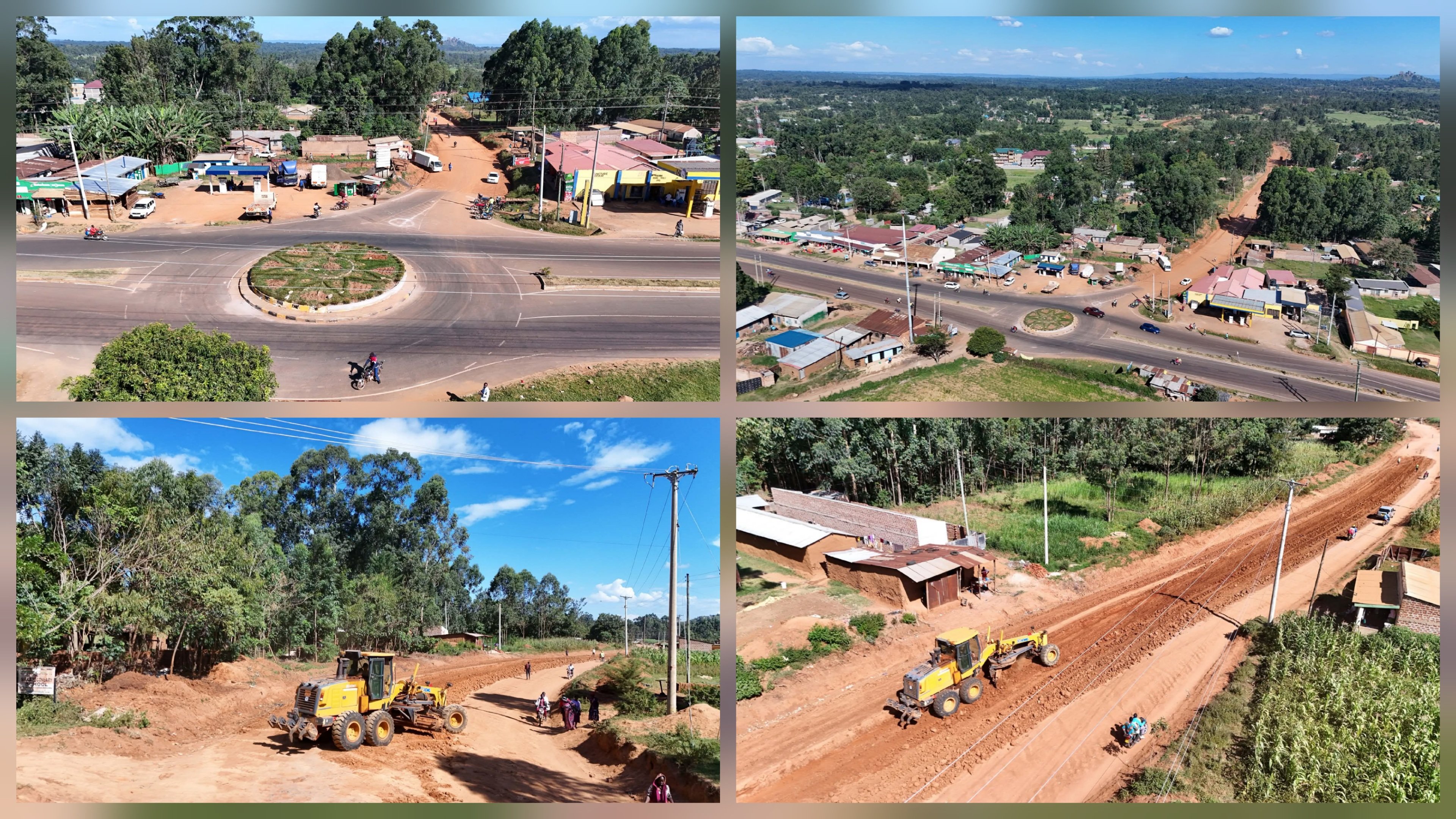 A heavy-duty excavator and construction workers on a paved road site in Kenya with safety cones and machinery in the background.