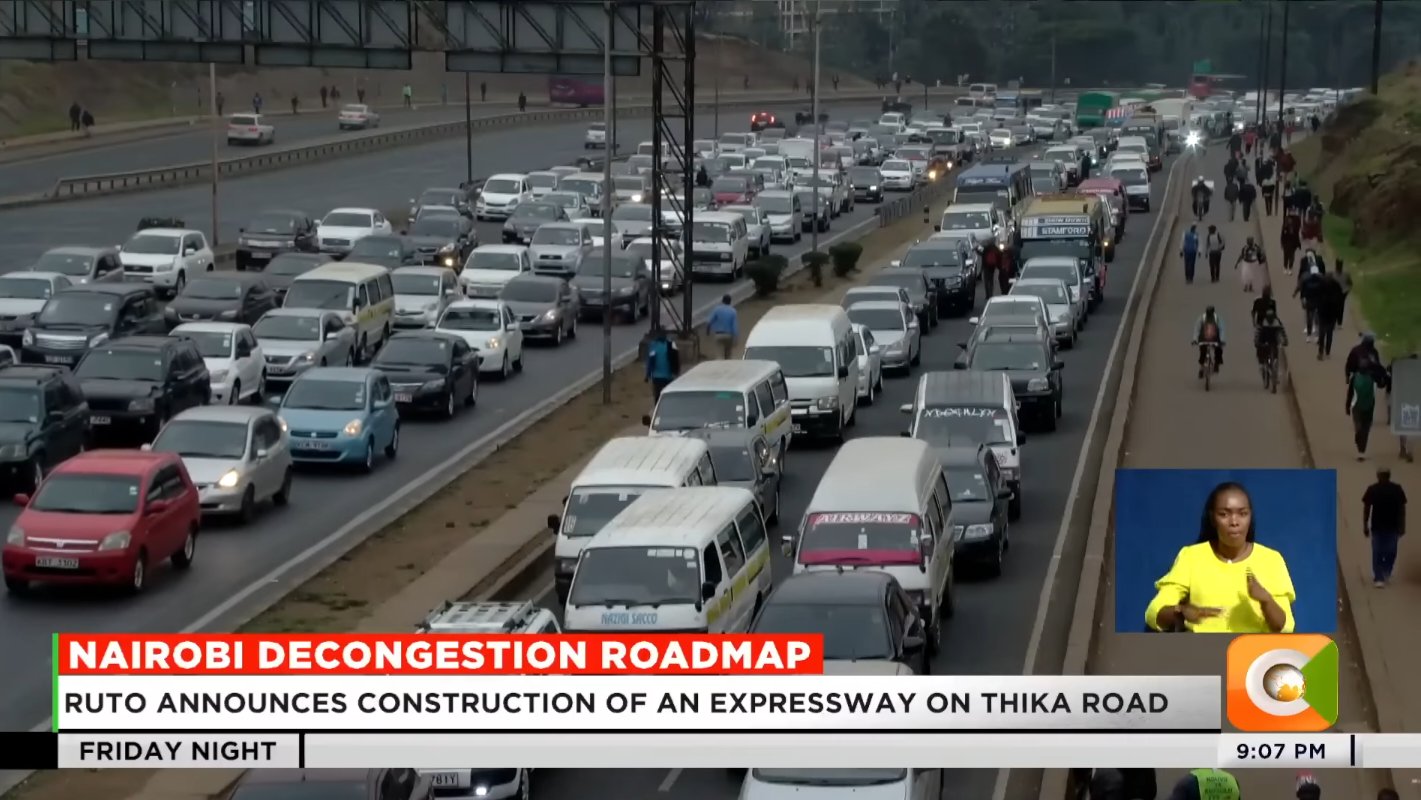 Overhead view of heavy traffic flow on Thika Road, Nairobi, symbolizing the need for the new Thika Road Expressway announced by President Ruto.