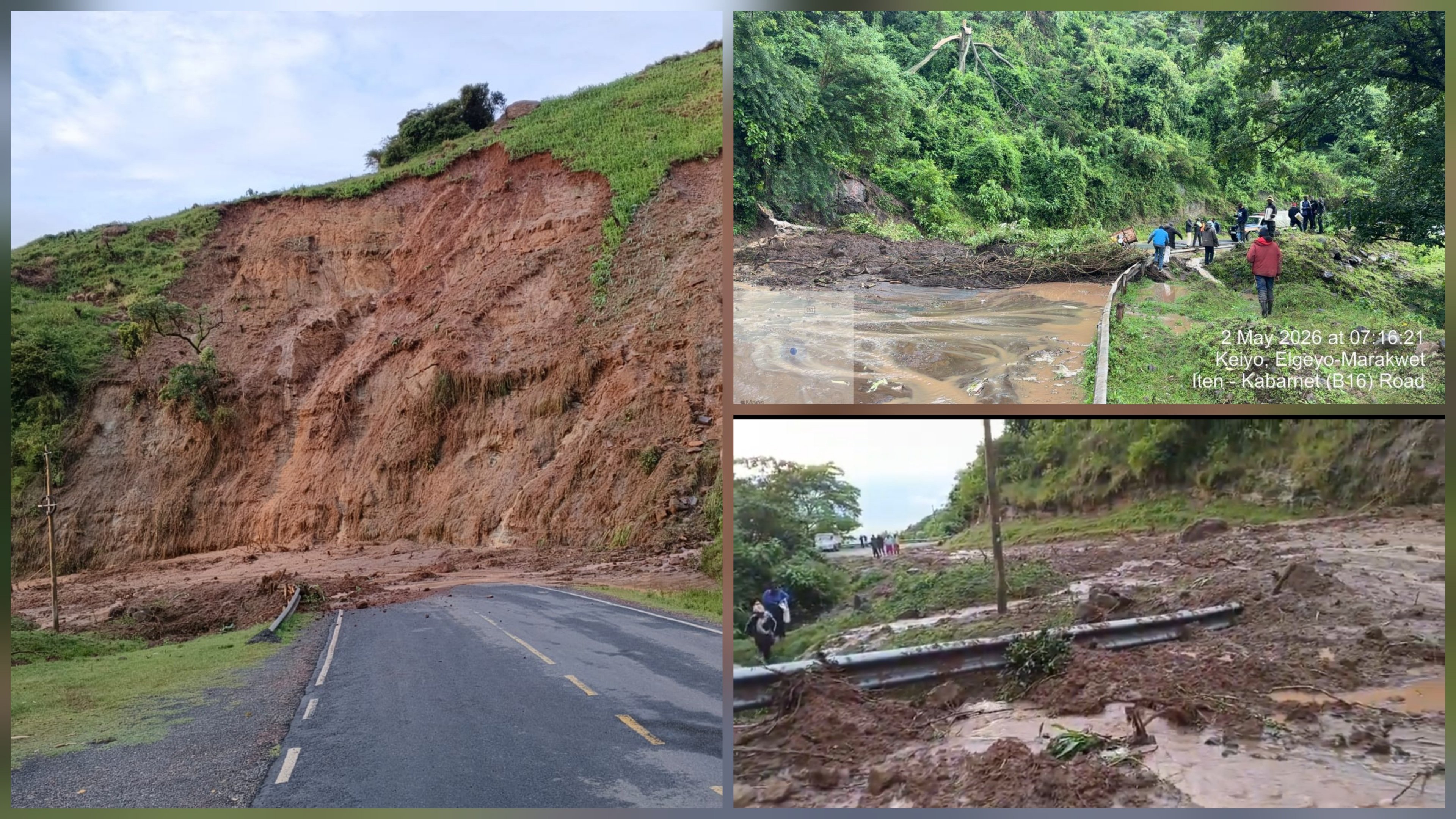 A massive landslide covering the Iten-Kabarnet Road near Kolol, showing a collapsed hillside and mud blocking the entire tarmac.