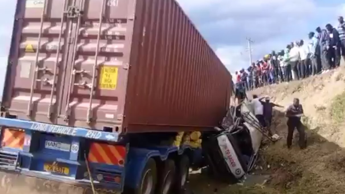 Wreckage of a matatu involved in a collision with a trailer at Diatomite area along the Nairobi-Nakuru Highway in Gilgil, Kenya.
