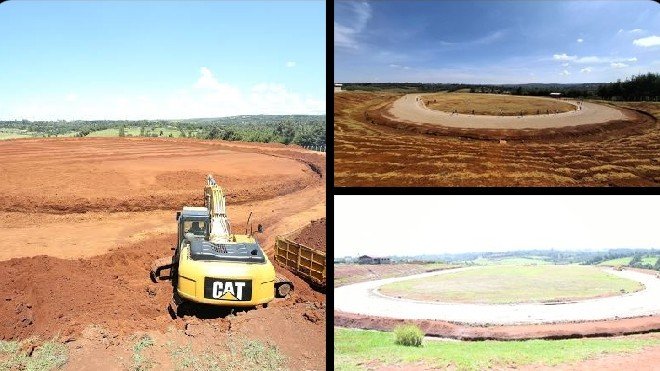 Construction machine working on the aerial view of Nakuru sports ground under renovation