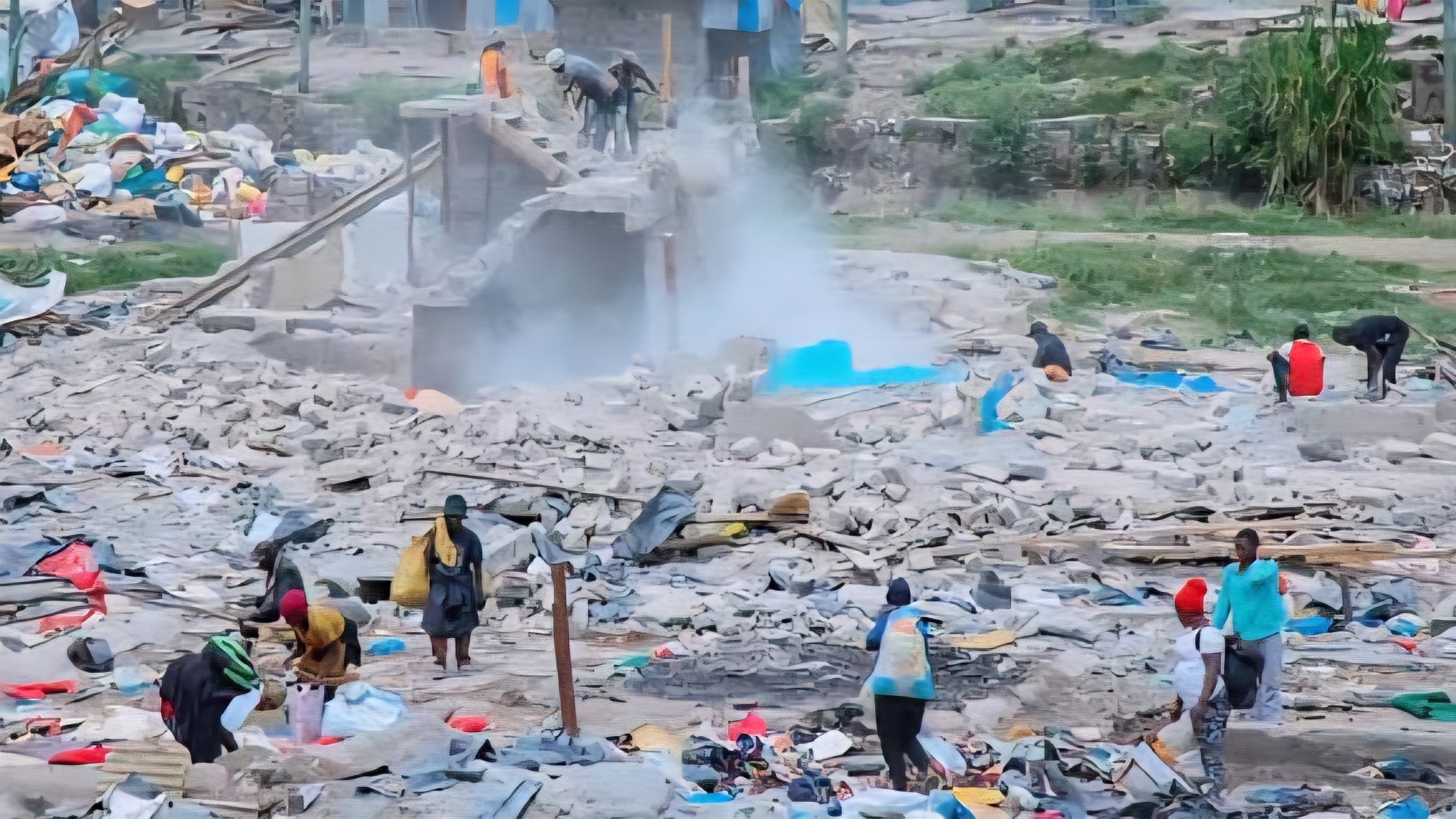 A wide shot showing residents of Mariguini settlement in Nairobi salvaging wooden planks and corrugated iron sheets from the rubble of demolished houses.