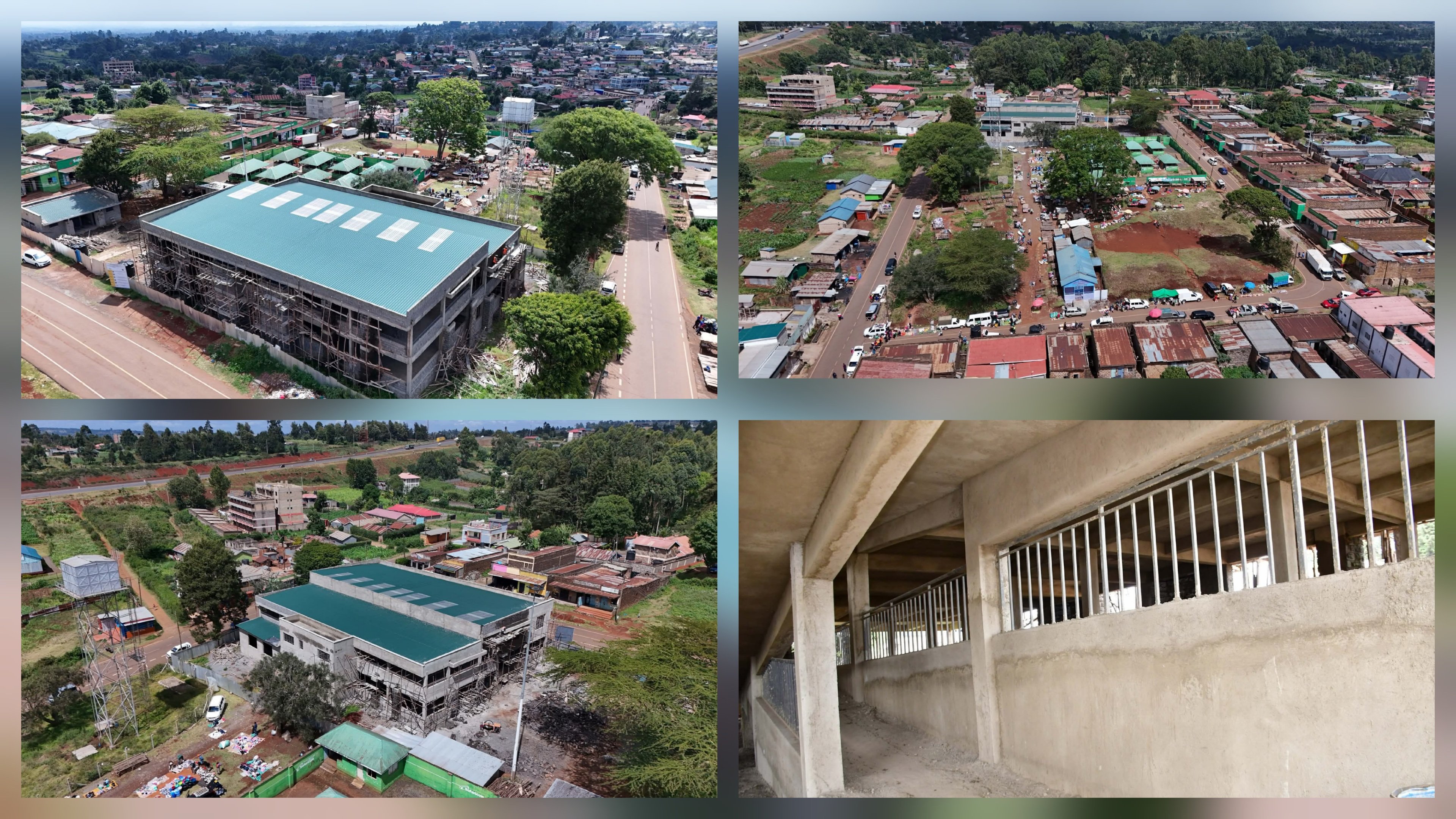 A multi-story concrete market building under construction in Muguga, Kiambu, showing completed structural frames and newly installed windows.