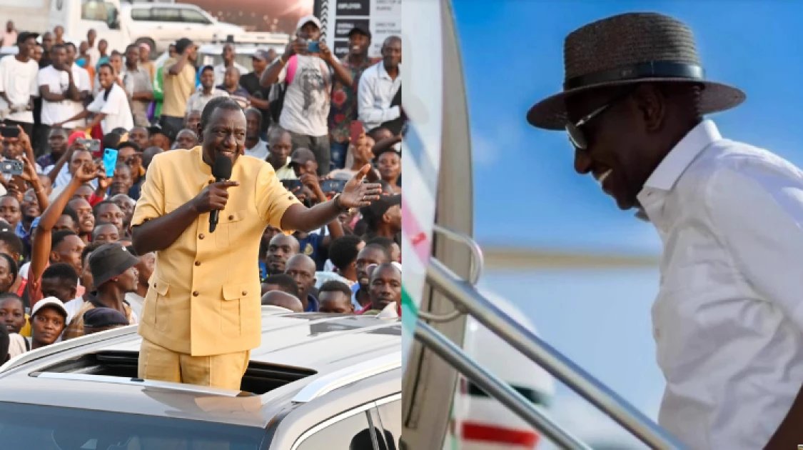 President William Ruto stands in an open-top vehicle addressing a large crowd of supporters in an outdoor setting.