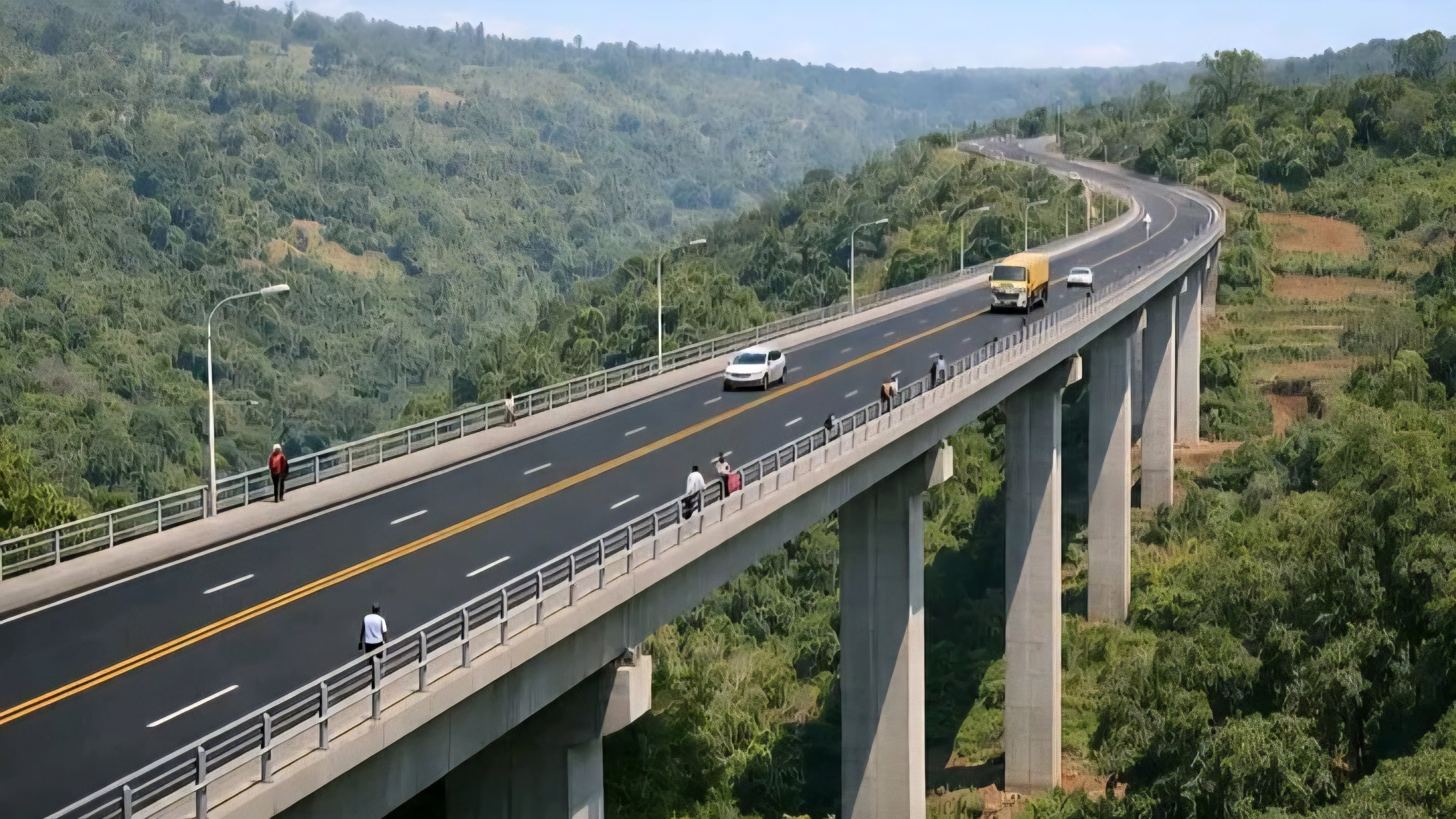 A wide aerial view of a long, modern concrete viaduct bridge curving through a lush, green forested valley with a two-lane road and vehicles driving across it.