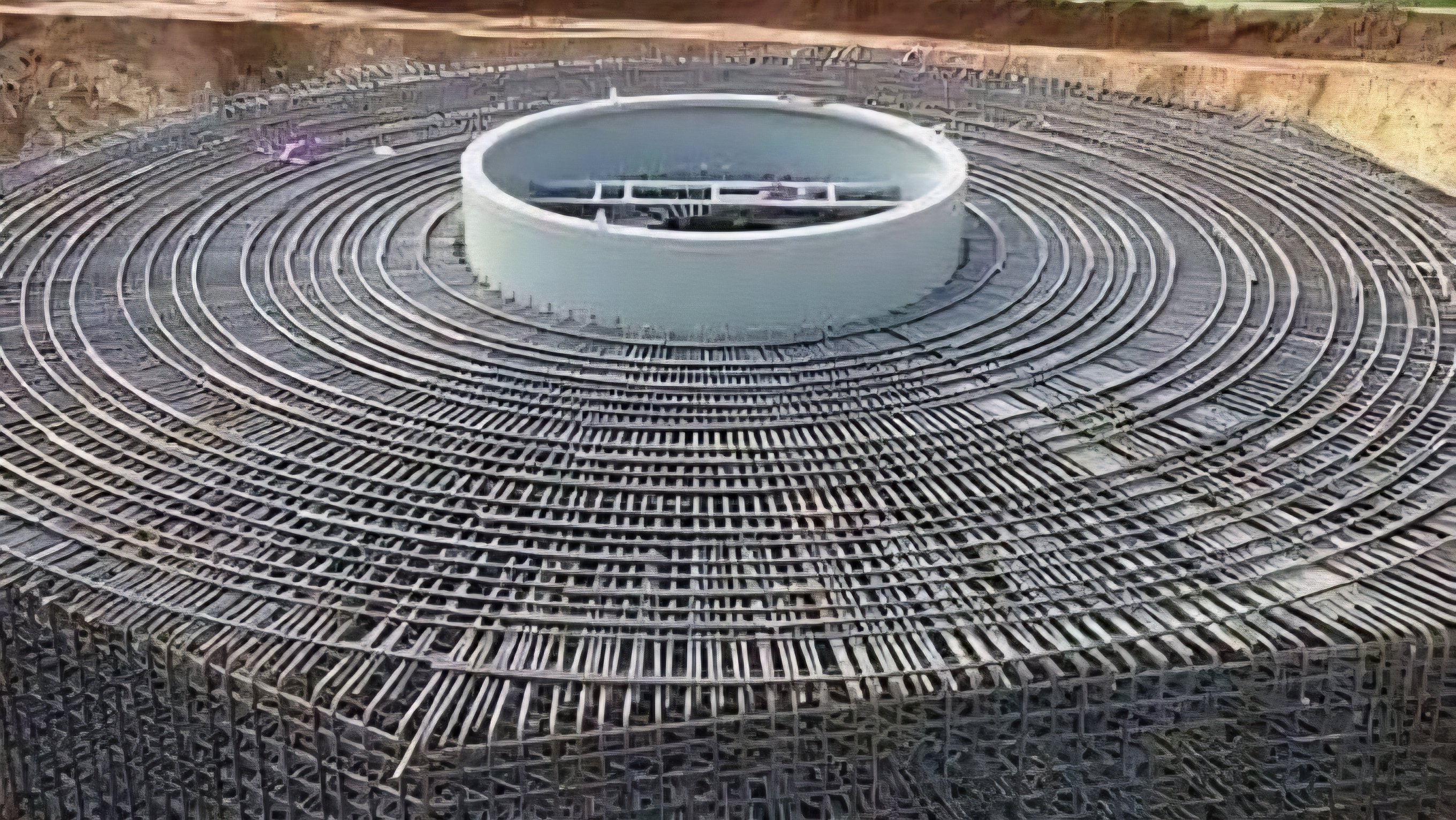 Aerial view of a dense circular steel rebar cage assembled inside an excavated pit for a wind turbine foundation.