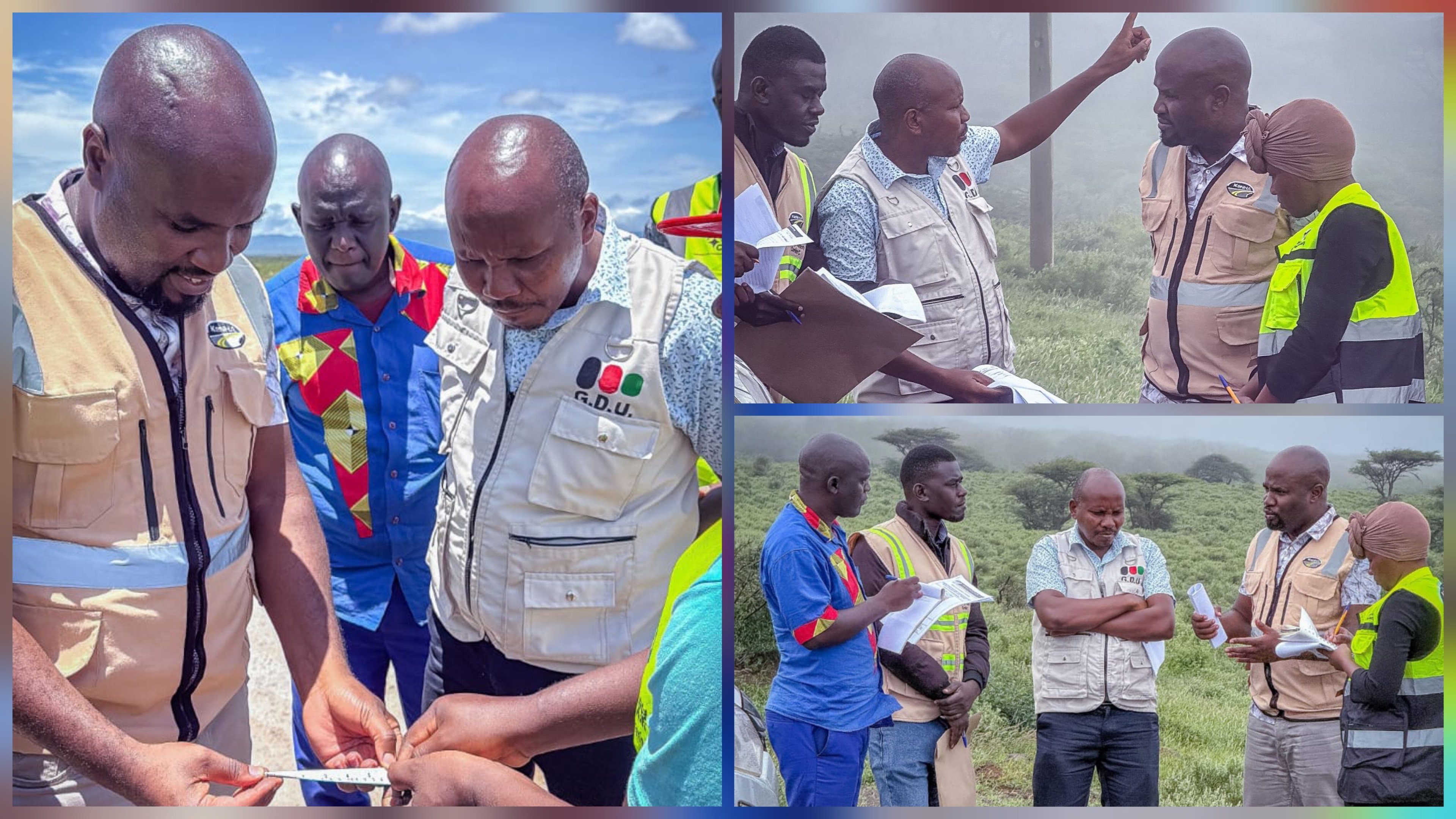 KeNHA Upper Eastern Regional Director Eng. Howard M'mayi and technical staff reviewing project documents and inspecting a road site in a grassy, misty area.