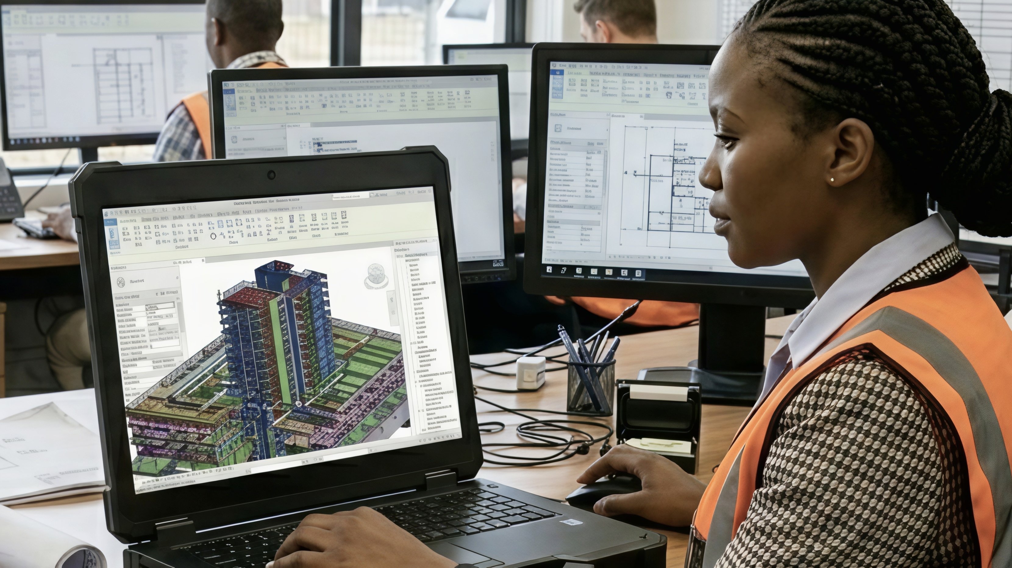 Construction professional reviewing a 3D BIM model on a laptop at a project desk.