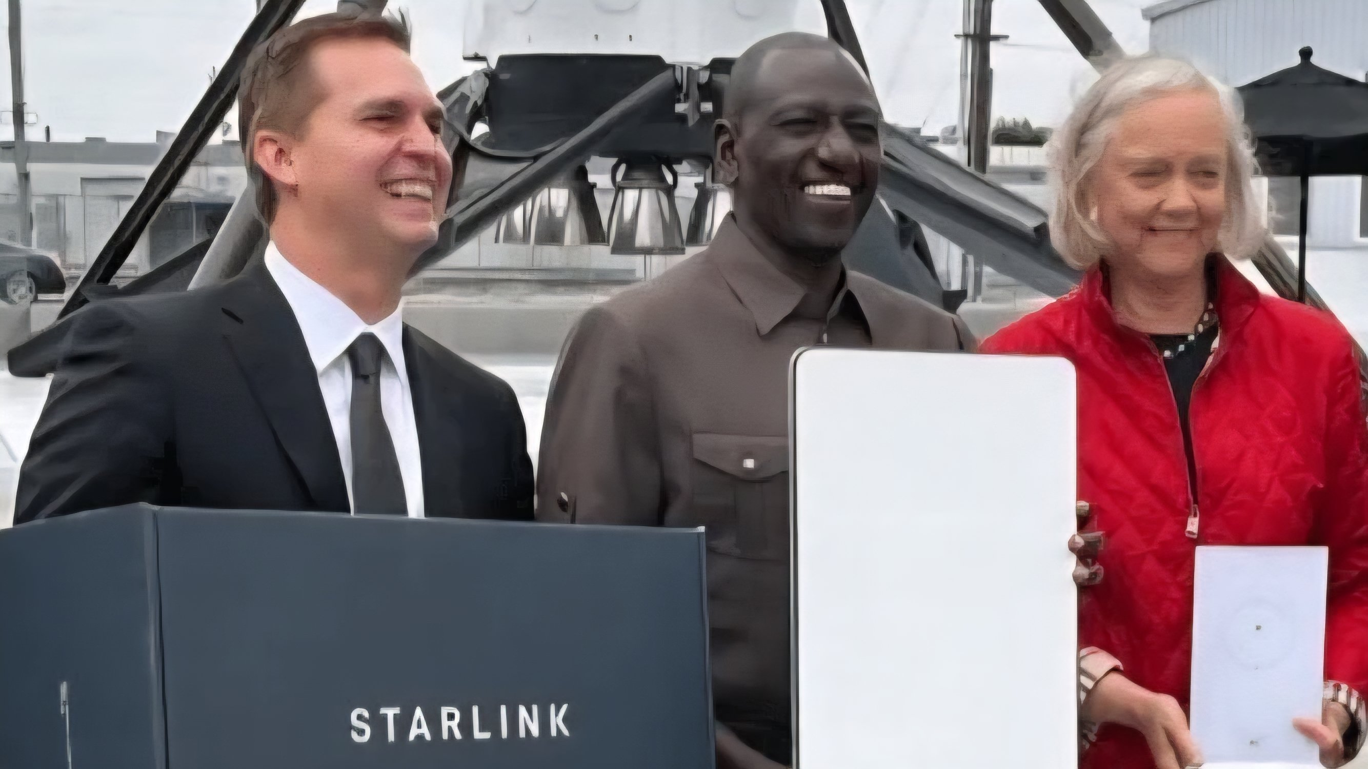 Elon Musk's Starlink kit on display during a launch event in Kenya attended by President Ruto and US Ambassador Meg Whitman.