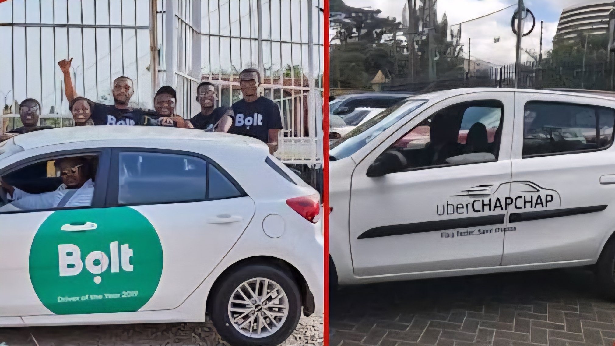 A split screen graphic from file 288042.png showing a white Bolt vehicle on the left with drivers and a white Uber ChapChap vehicle on the right.