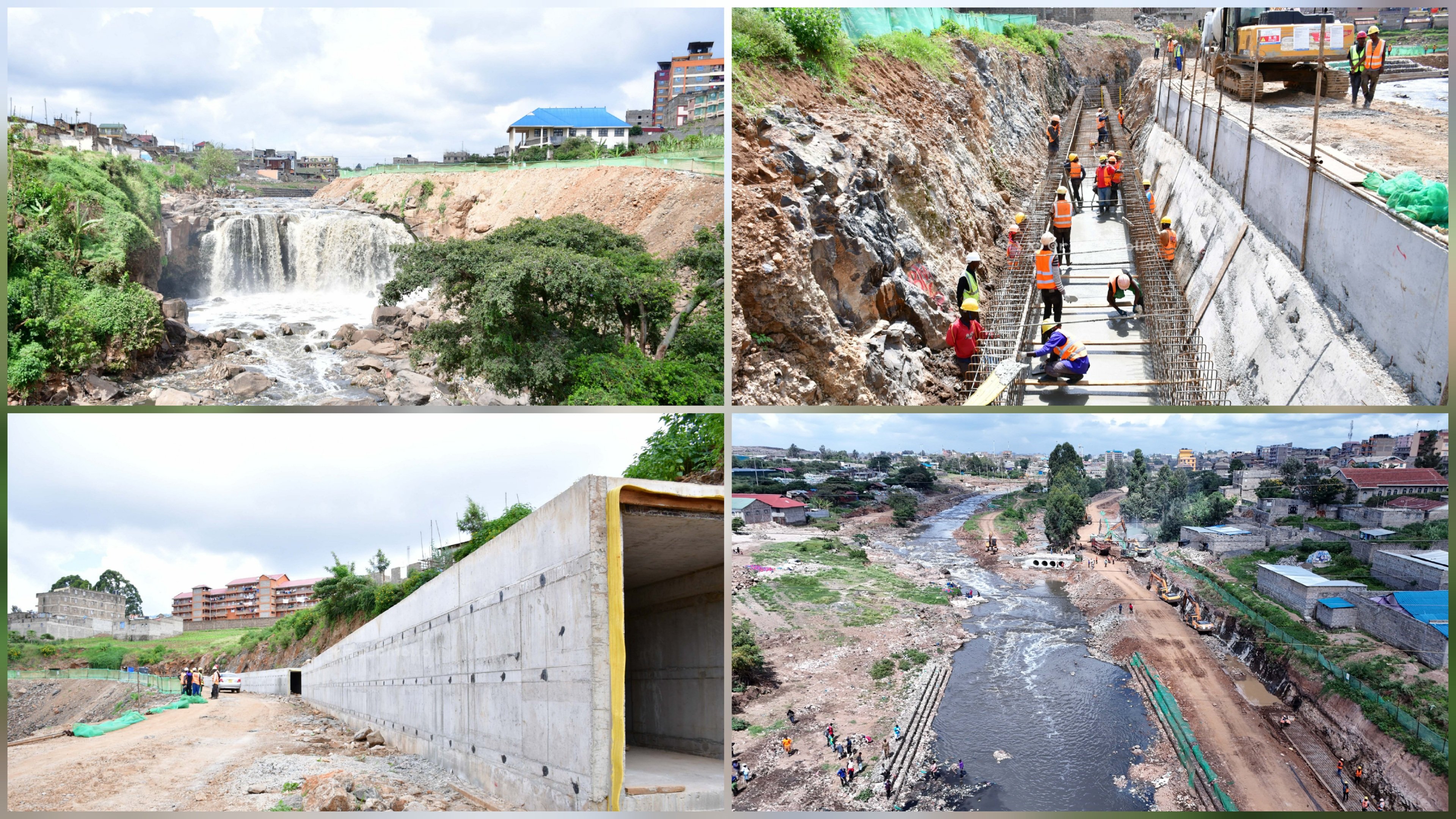 Construction workers installing a concrete retaining wall and sewer infrastructure along a section of the Nairobi River bank near a waterfall.
