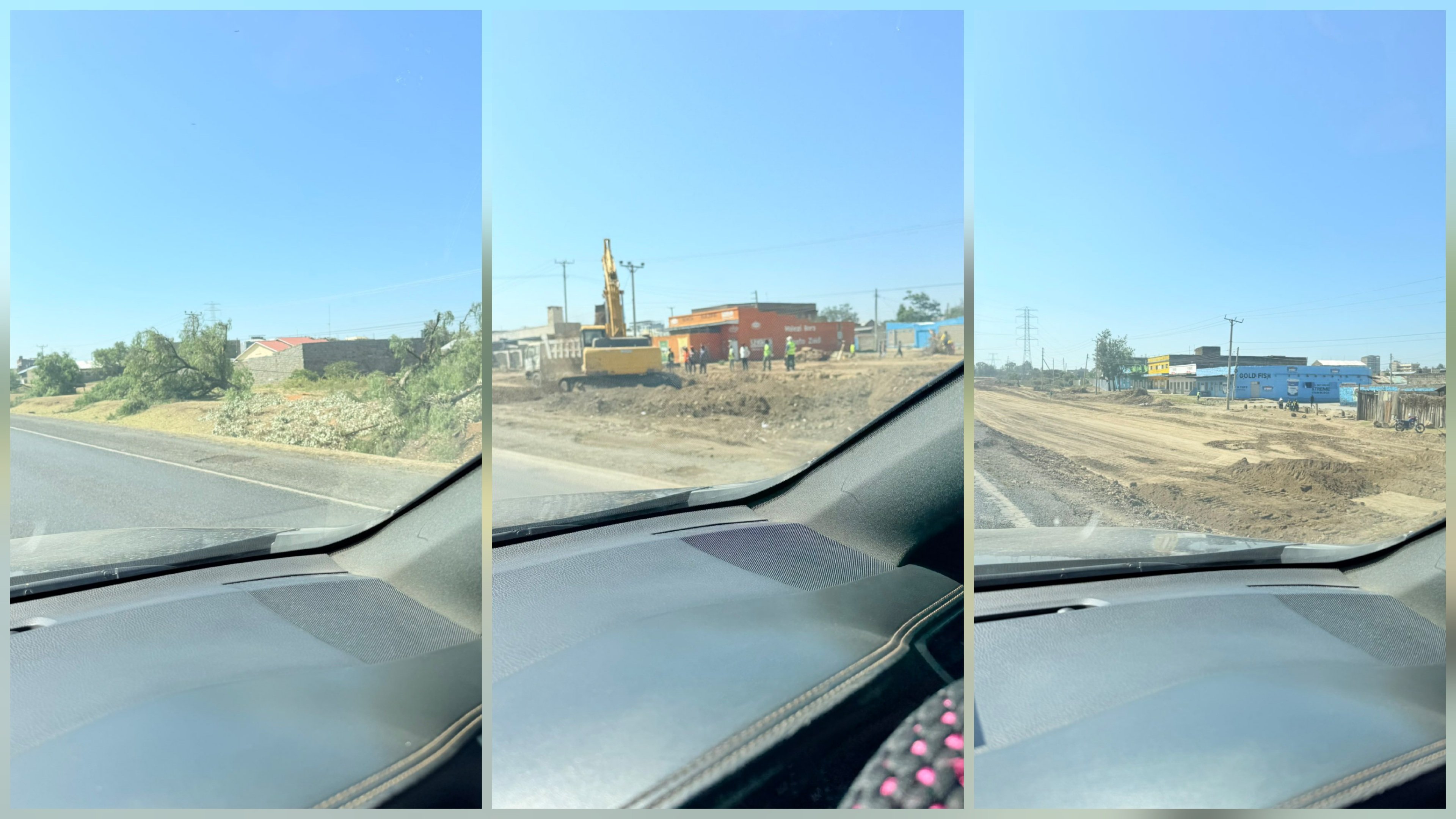 Yellow excavators and construction workers clearing earth and trees along the road reserve in Naivasha for the Rironi-Nakuru-Mau Summit highway project.